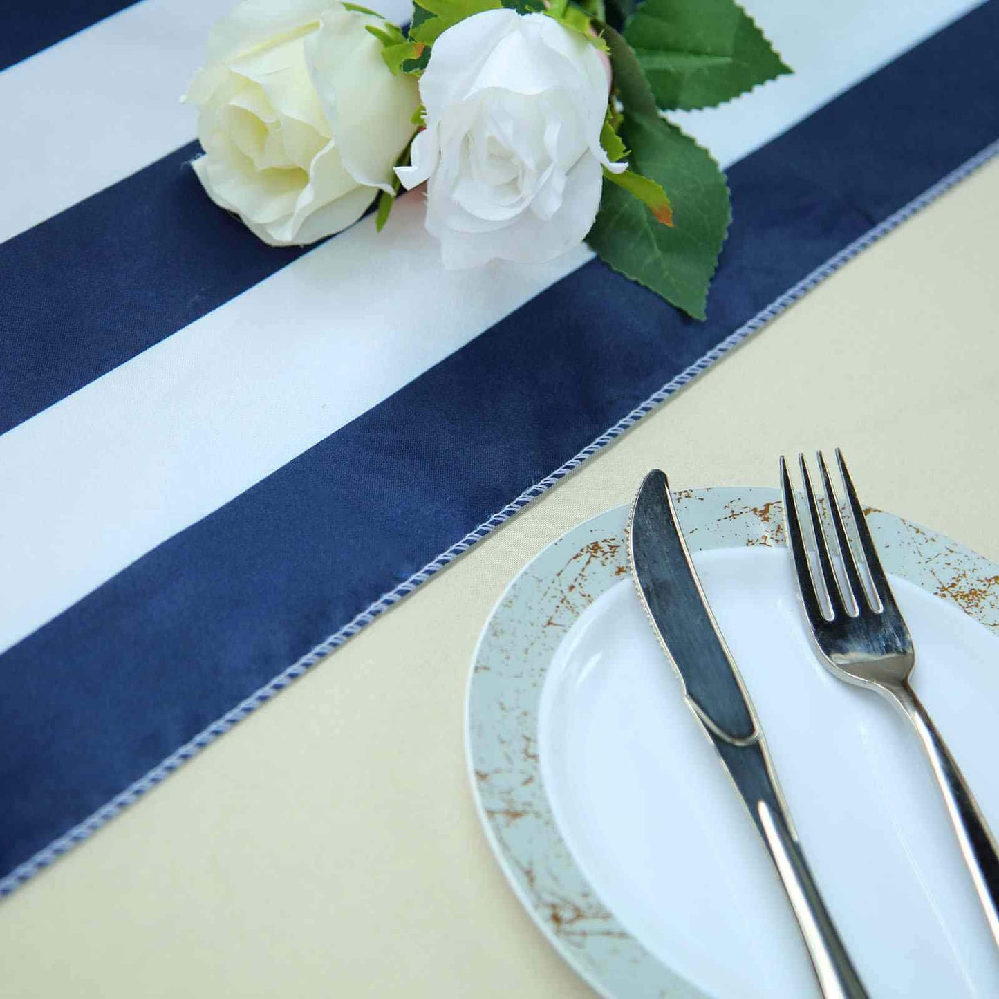 Satin 12"x108" Table Runner Navy Blue/White Stripe - Classic Striped Design