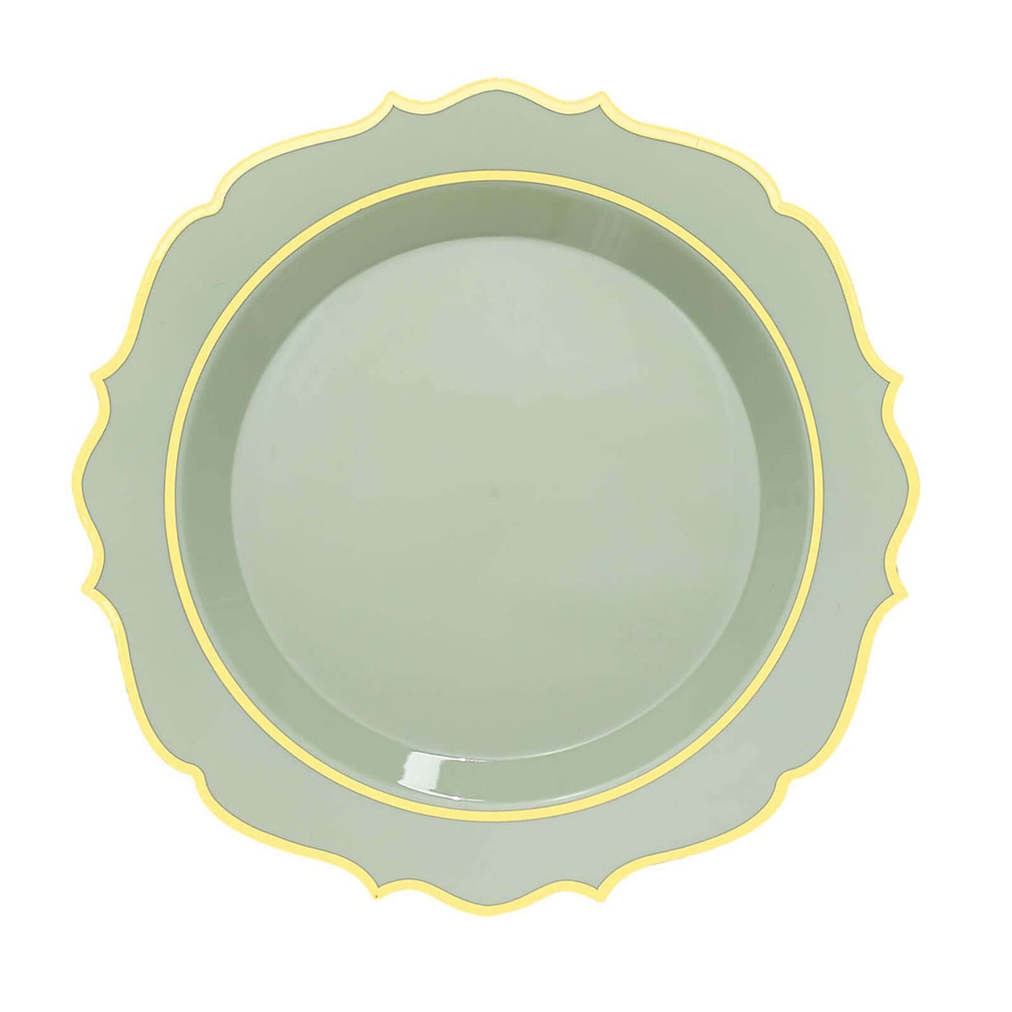 10-Pack Plastic 10" Round Dinner Plates in Sage Green with Gold Scalloped Rim - Disposable Party Plates