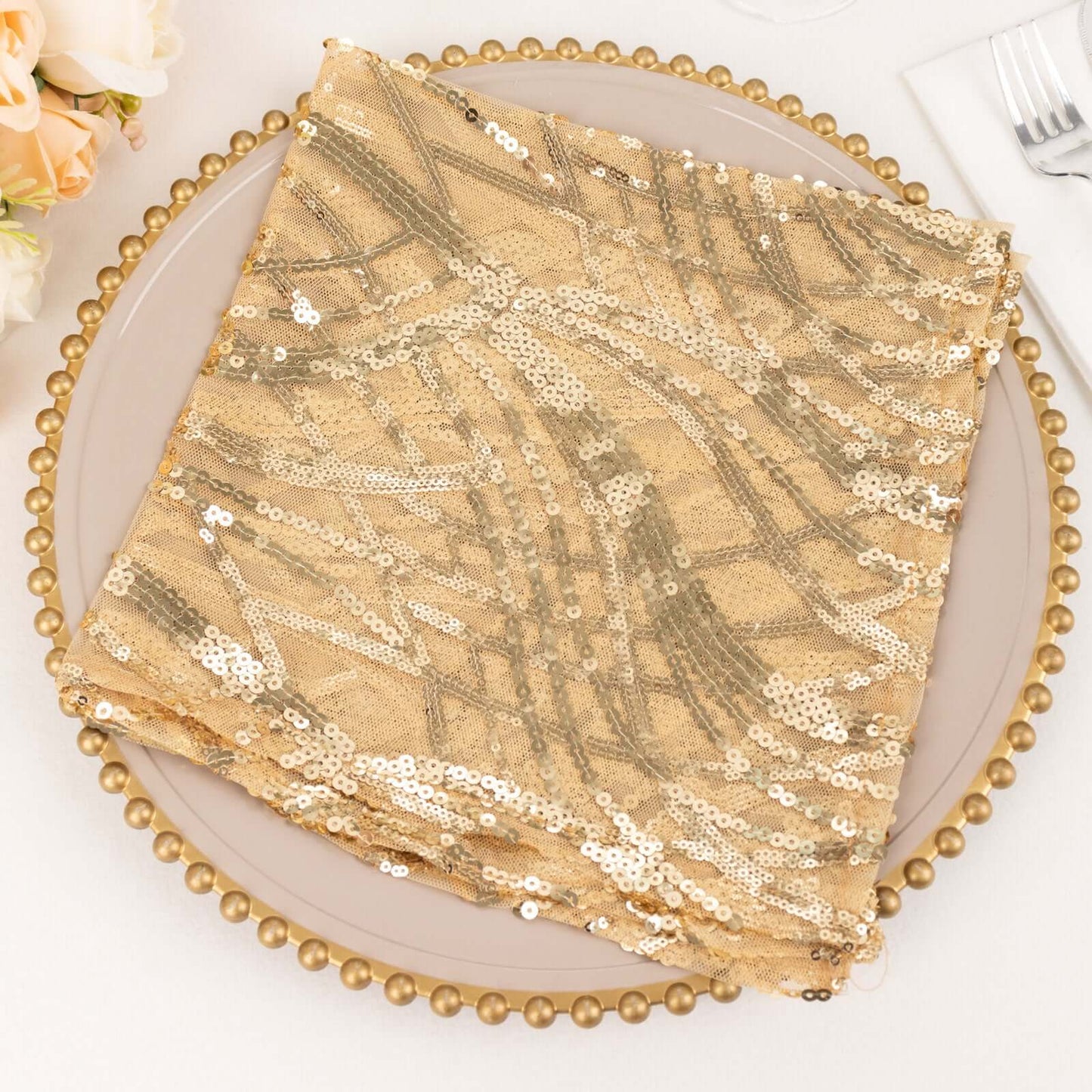 Sequin Mesh 20"x20" Napkin Champagne - Wave Embroidered Reusable Napkin