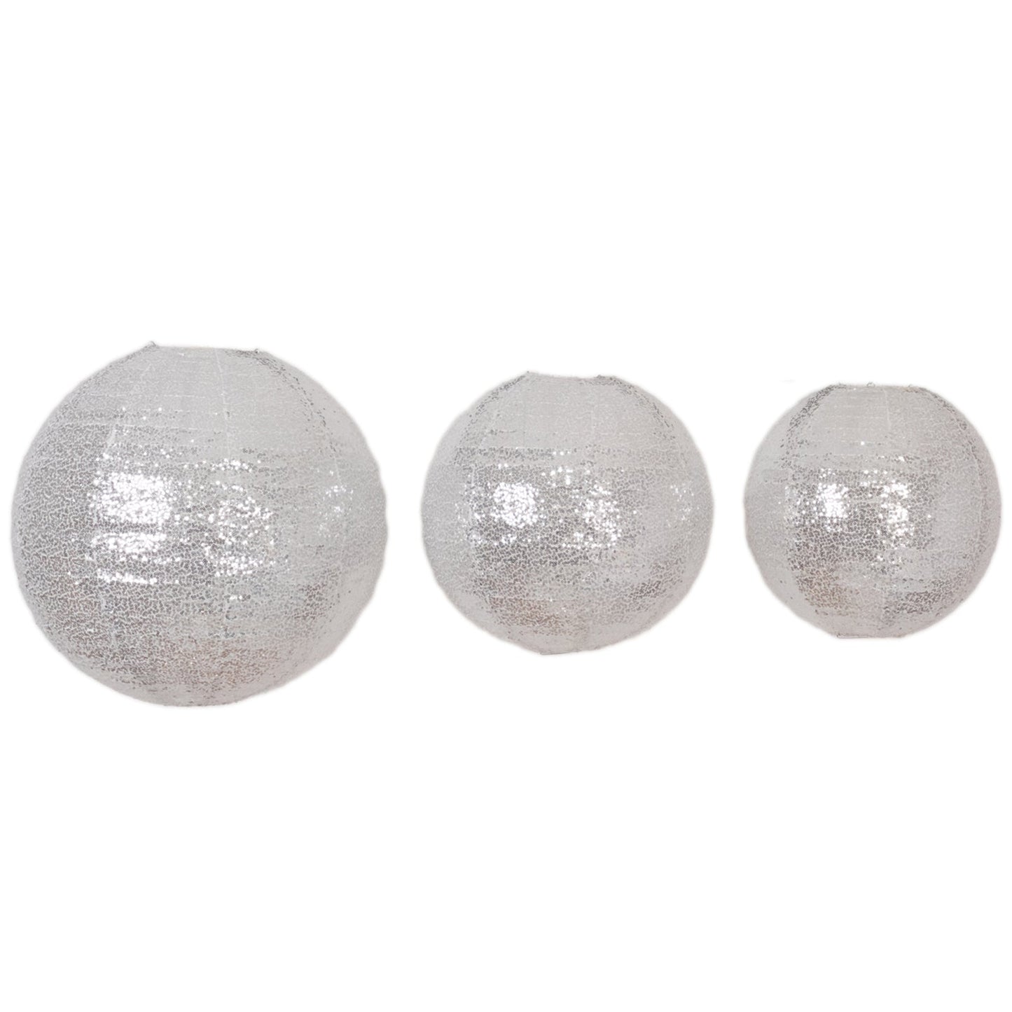 Set of 3 Glitter Silver Sequin Fabric Hanging Lanterns, Large Decorative Round Foldable Chinese Lantern Lampshades - 14",16",20"