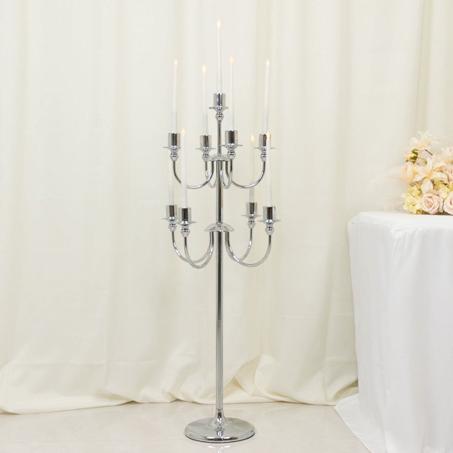 Metal Floor Candelabra Candle Holder, 9-Arm Vintage Taper Stand Silver Table Centerpiece for Weddings & Parties 46" Tall
