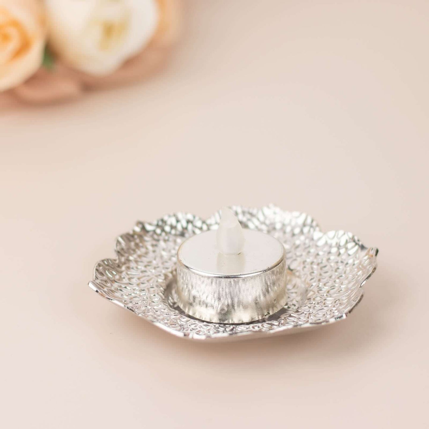 3-Pack Metal Votive Candle Holders Plum Blossom Design Shiny Silver - Vintage Mini Tea Cup Saucers 4"