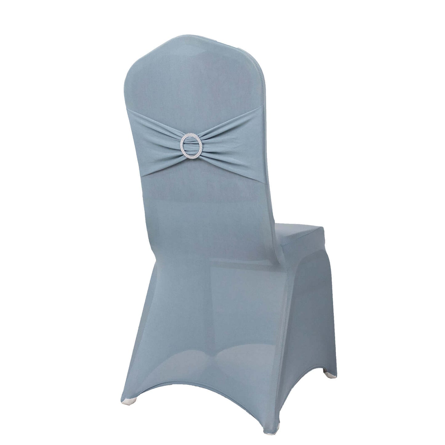 Spandex Chair Cover with Silver Rhinestone Buckled Sash Band Dusty Blue - Stretch Fitted Slipcover