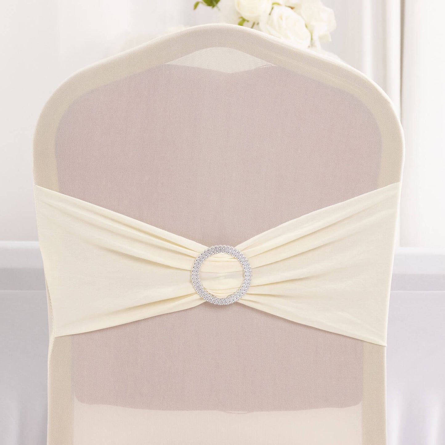 Spandex Chair Cover with Silver Rhinestone Buckled Sash Band Ivory - Stretch Fitted Slipcover