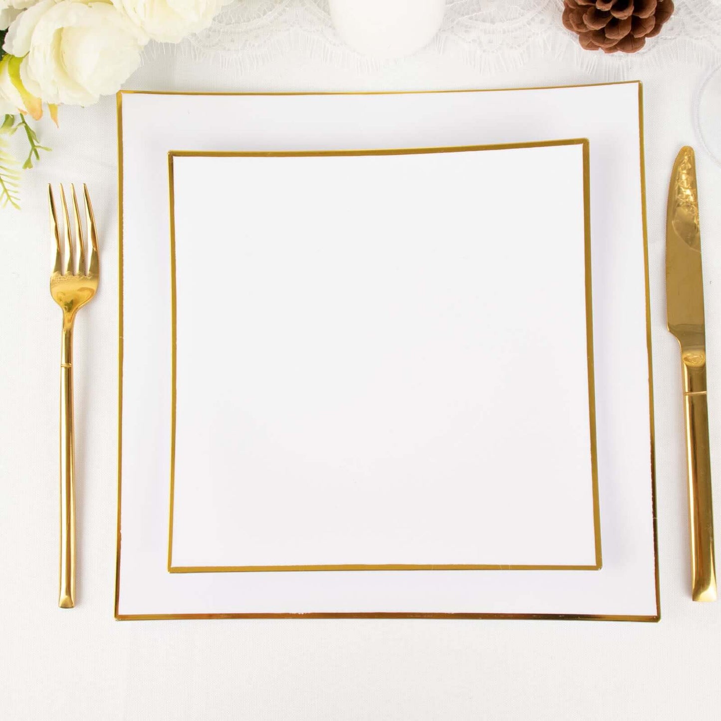 10-Pack Plastic 8" Square Dessert Plates in White Concave Style with Gold Rim - Modern Disposable Salad Appetizer Party Plates for Weddings & Special Events