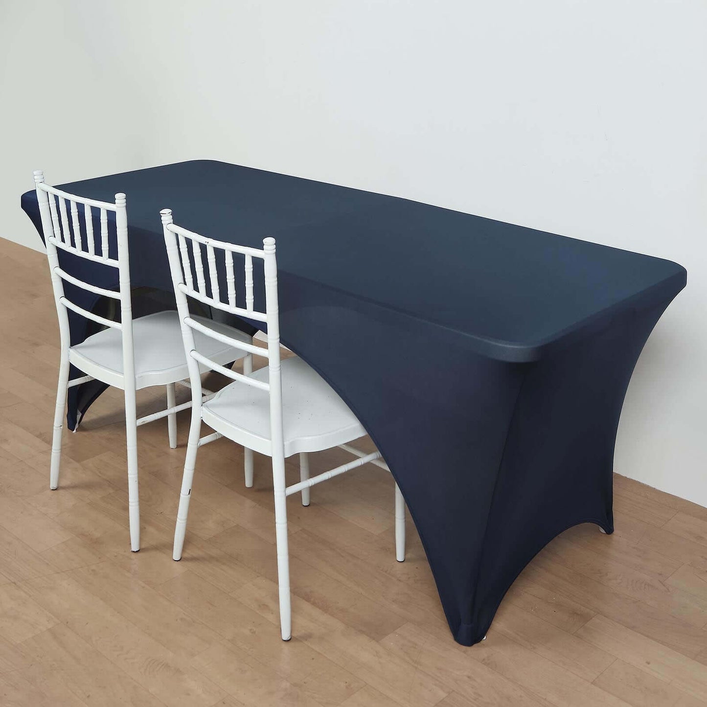 Stretch Spandex 72"x30" Rectangular Table Cover Navy Blue with Curved Open Back Design Tailored Professional Look