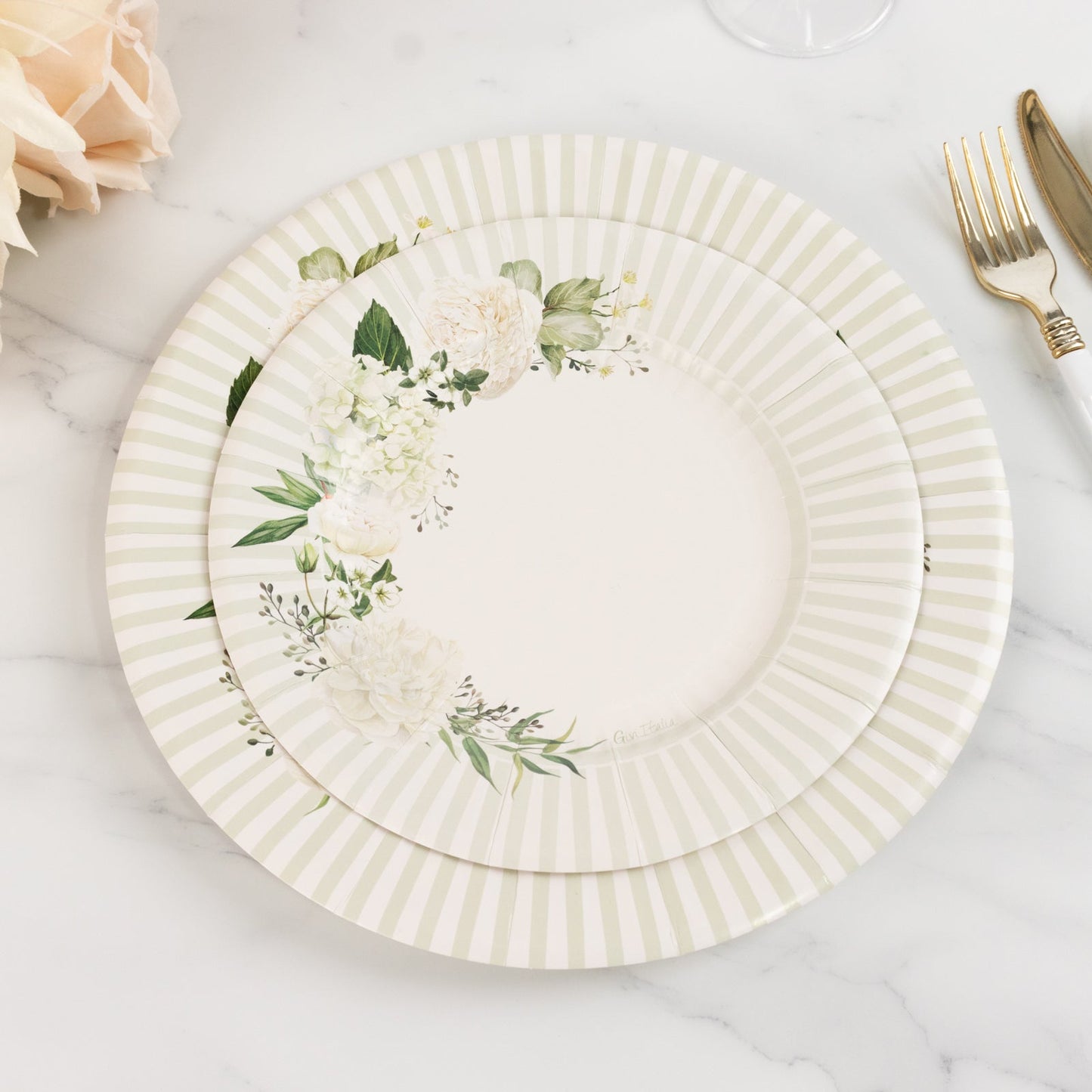25-Pack Paper 8" Round Dessert Plates in White with Sage Green Floral Print & Lined Rim
