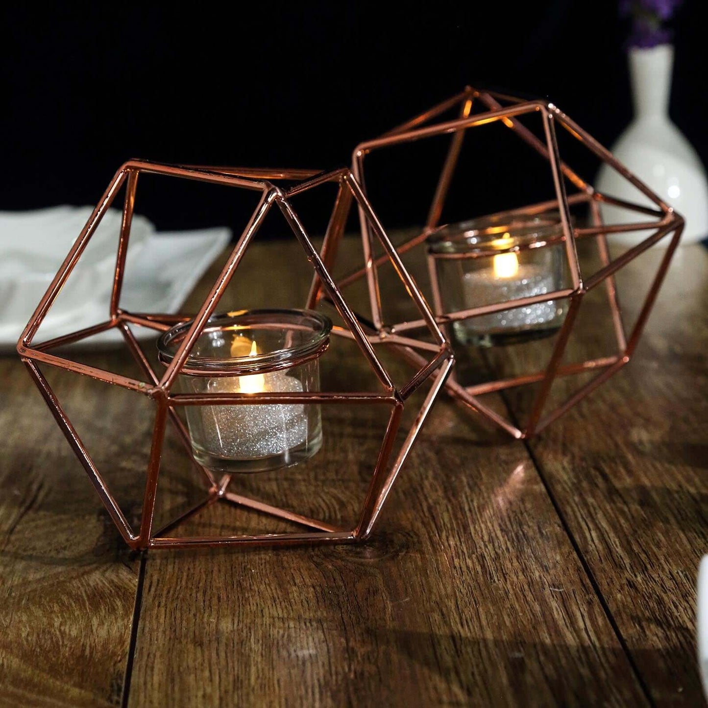Set of Metal Candle Holders Linked Geometric Design Rose Gold - Modern Table Decor with Votive Glass for Gatherings 11"