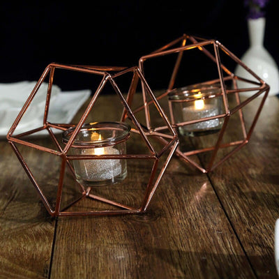 Set of Metal Candle Holders Linked Geometric Design Rose Gold - Modern Table Decor with Votive Glass for Gatherings 11"
