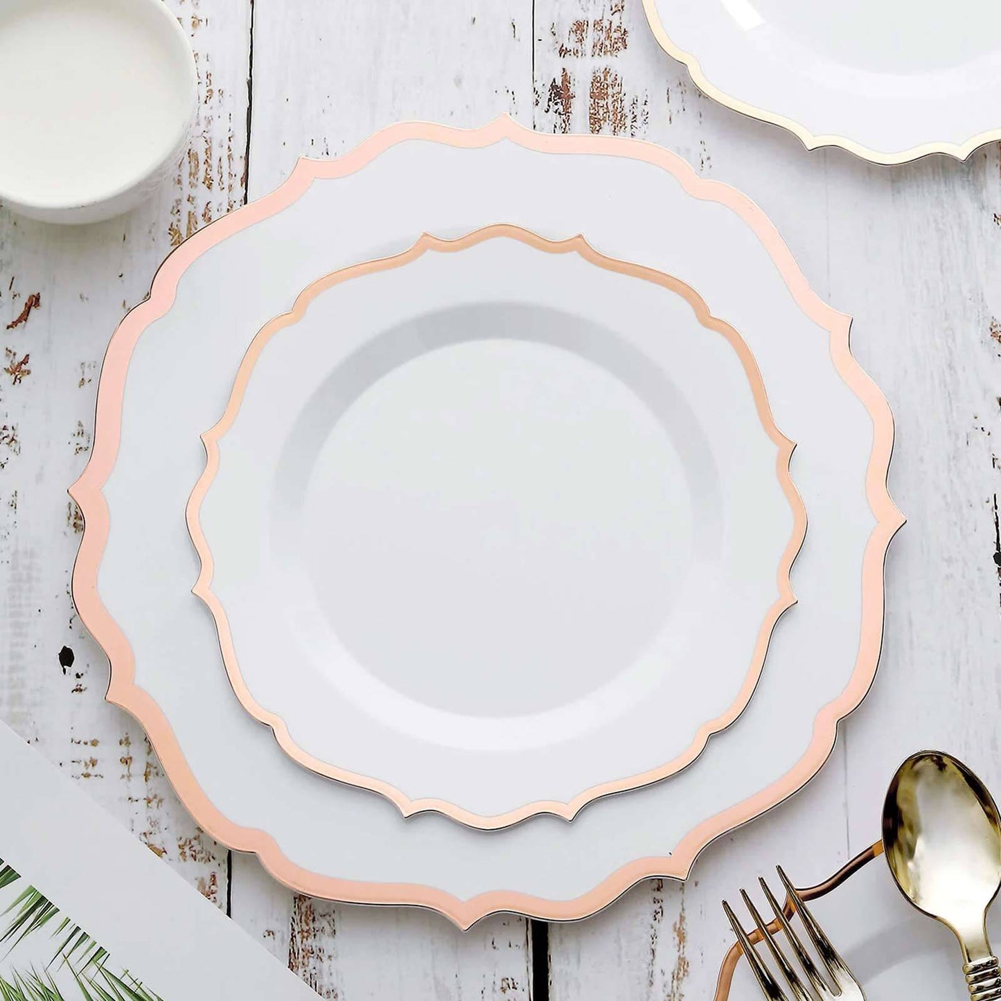 10-Pack Plastic 8" Round Dessert Plates in White with Rose Gold Scalloped Rim - Disposable Appetizer/Salad Plates