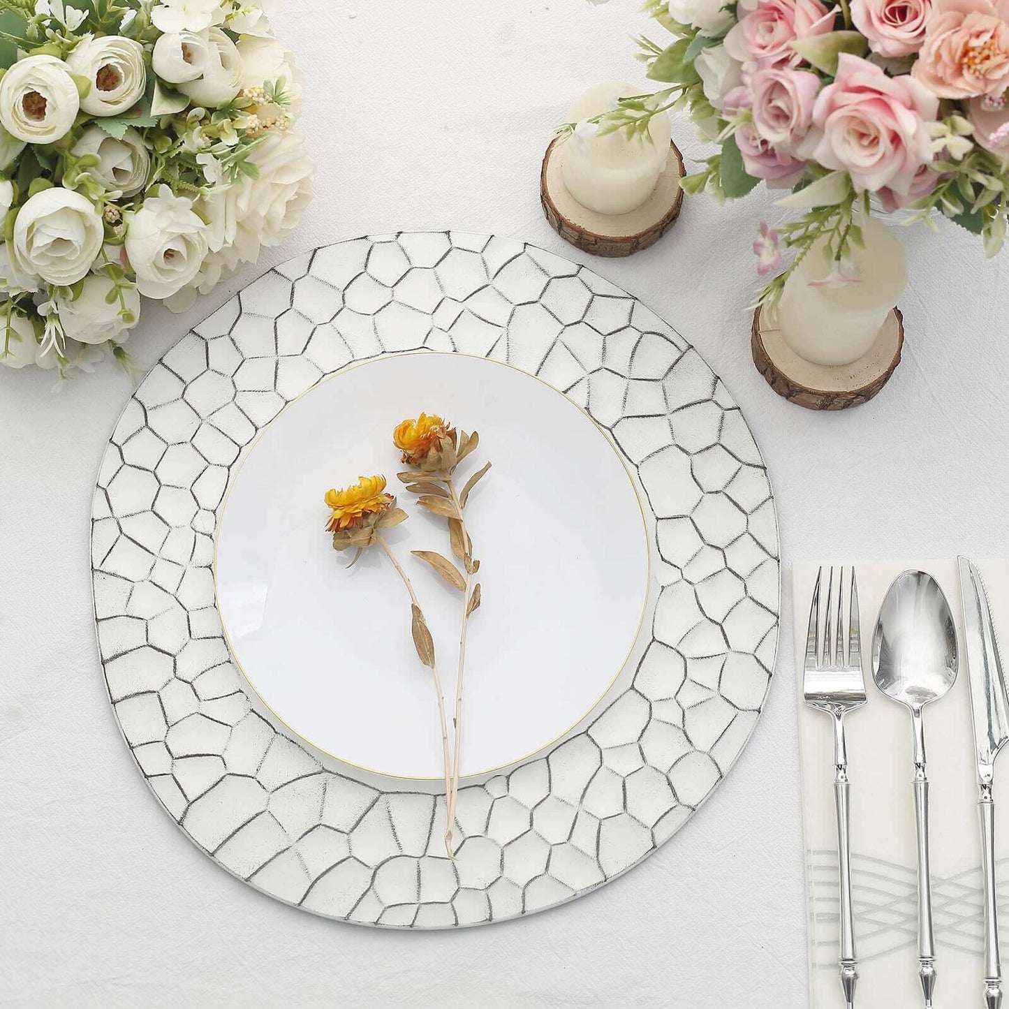 6-Pack Round Charger Plates 13" in White with Hammered Rim, Matte Finish Modern Dinner Charger Tableware