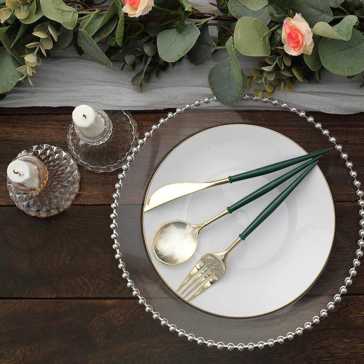 24-Pack Plastic Flatware Set in Metallic Gold with Hunter Emerald Green Handle - Heavy Duty Disposable Modern Silverware 8"