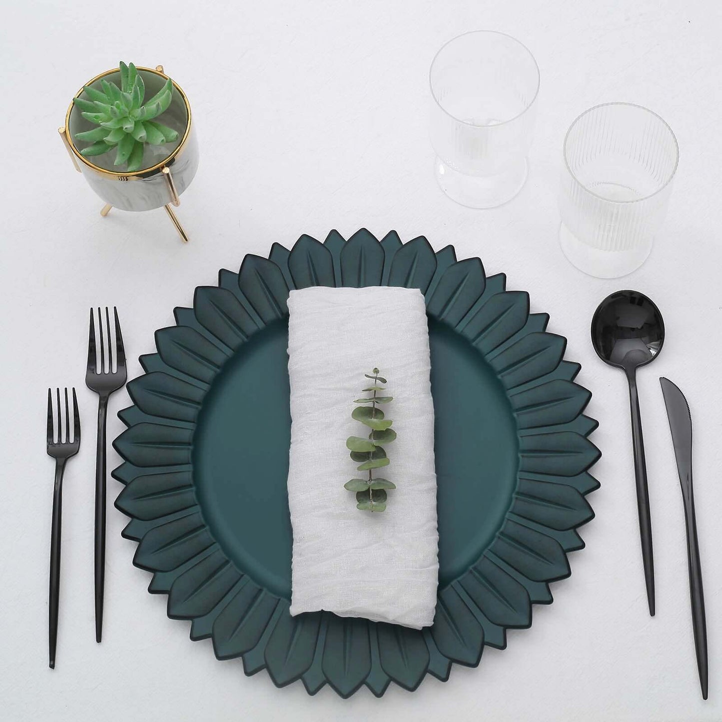 6-Pack Plastic Round Charger Plates 13" in Teal with Sunflower Rim, Matte Finish Disposable Dinner Charger Tableware