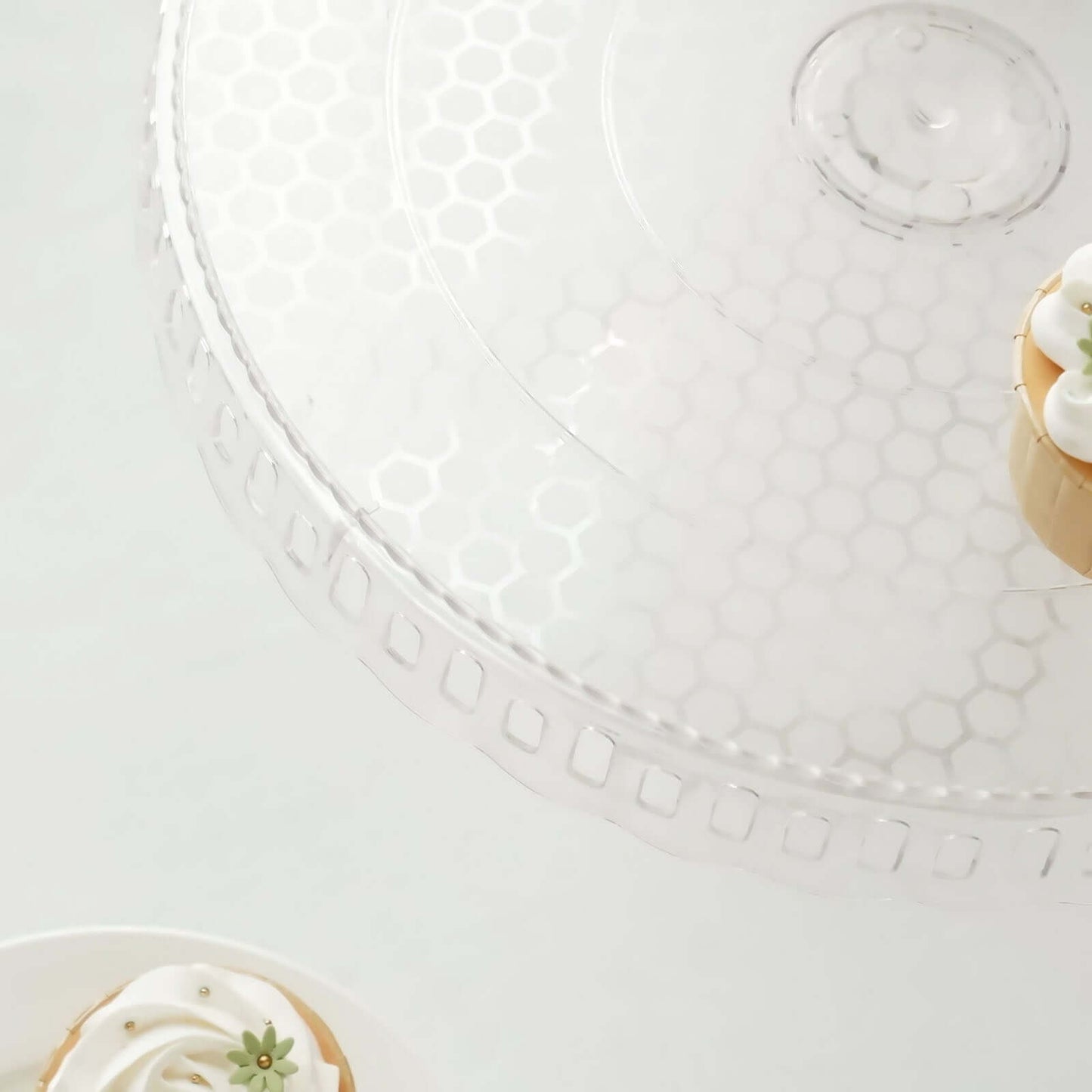 4-Pack Plastic Round Pedestal Cake Stands Clear - Reusable Cupcake Pastry Display Risers with Hollow Ribbon Trim Edges for Stylish Dessert Presentation 13"