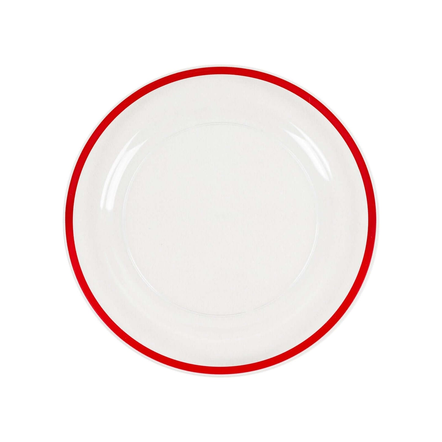 10-Pack Plastic 10" Round Dinner Plates in Clear with Red Rim - Disposable Party Plates for Classy Banquets & Special Occasions
