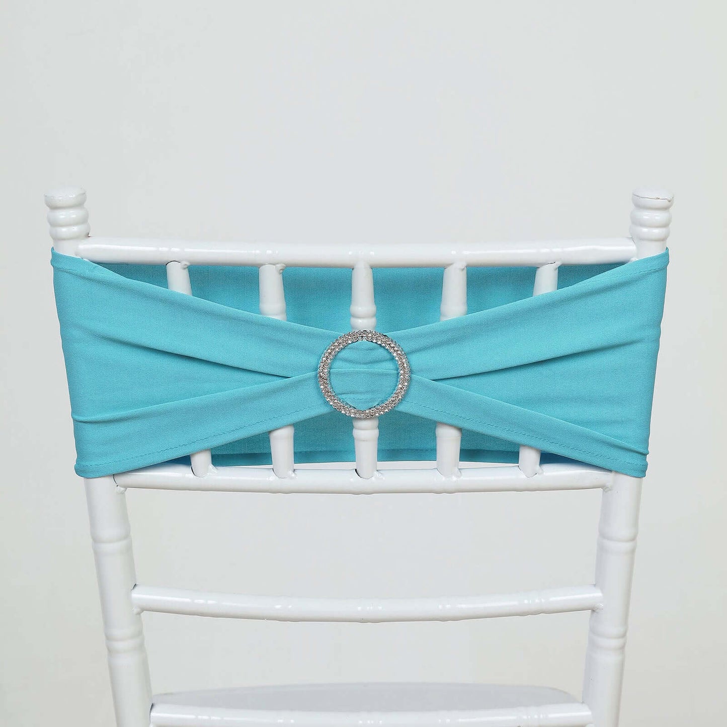 5 Pack Stretch Spandex Chair Sashes Turquoise - Reusable Chair Bands with Silver Diamond Ring Slide Buckle 5"x14"