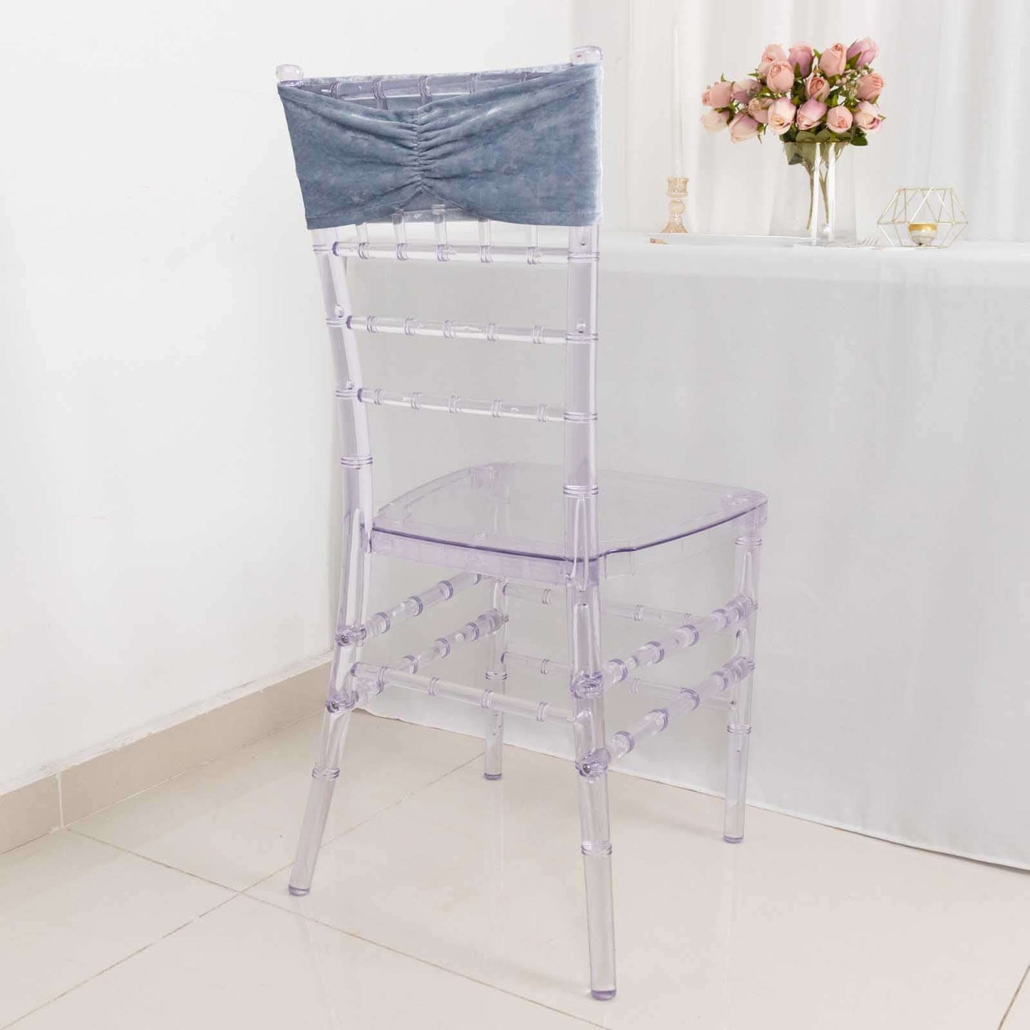 5 Pack Premium Crushed Velvet Chair Sashes Dusty Blue Ruffle Style - Textured Chair Bands for Stunning Event Decor