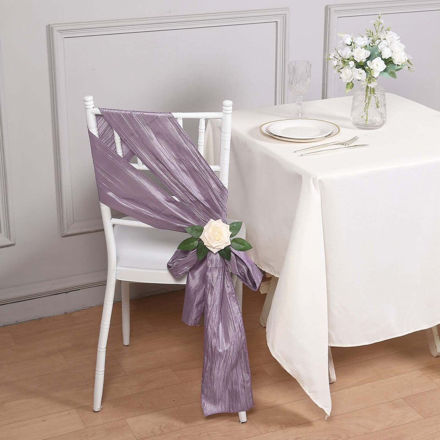 5 Pack Taffeta 6"x106" Chair Sashes Violet Amethyst Accordion Crinkle Texture - Stylish Decor for Weddings & Gatherings