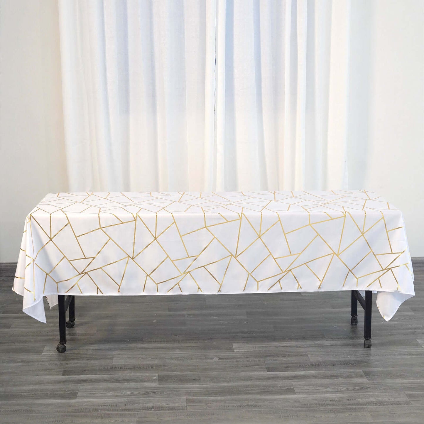Polyester 60"x102" Rectangle Tablecloth White with Gold Foil Geometric Pattern - Wrinkle-Resistant and Durable Table Cover for Weddings & Events