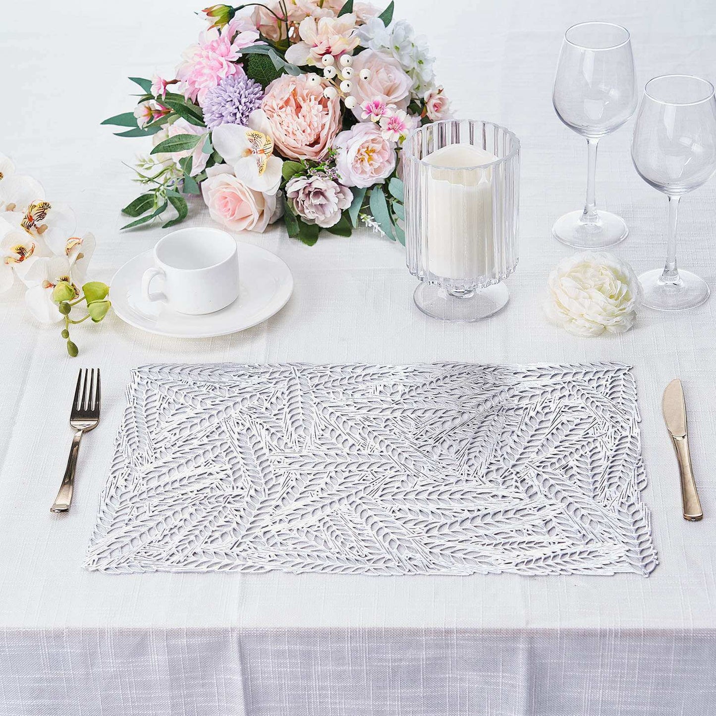 6-Pack Table Mats Wheat Design Silver - Vinyl Rectangle Non-Slip Surface for Stylish Settings 12"x18"