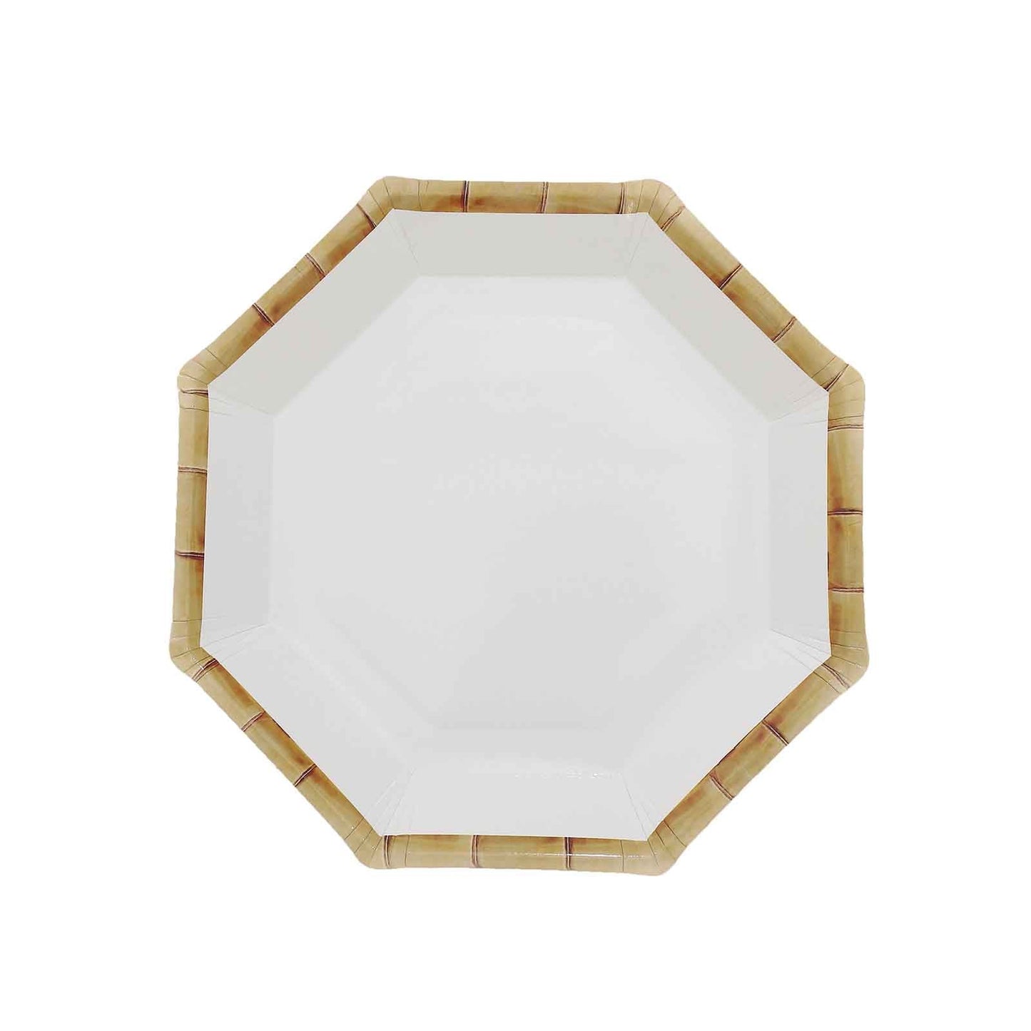 25-Pack Paper Octagonal Dessert Plates 7" White with Bamboo Print Rim - Disposable Geometric Appetizer Salad Plates for Garden Parties & Tropical Themed Events