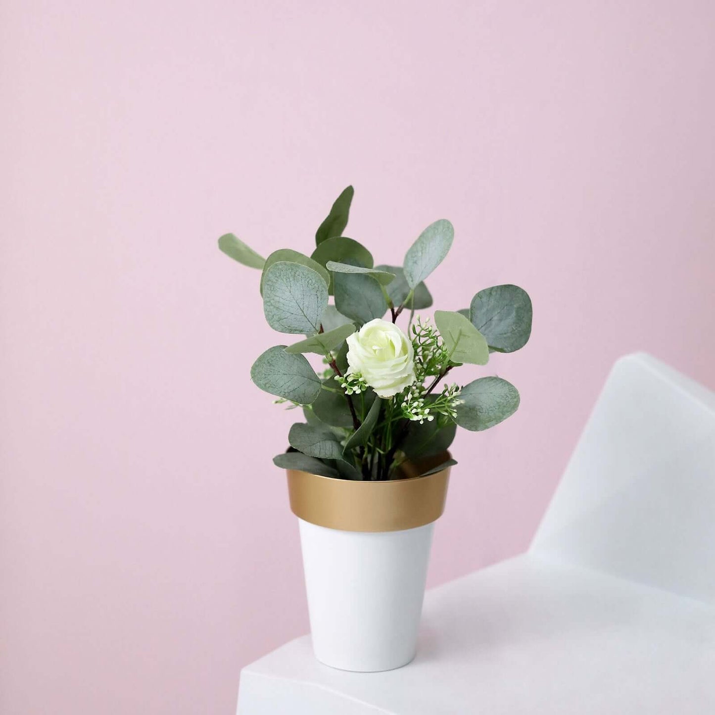 2-Pack Flower Plant Pots Medium Design White with Gold Rim - Plastic Indoor Decorative Planters 6"