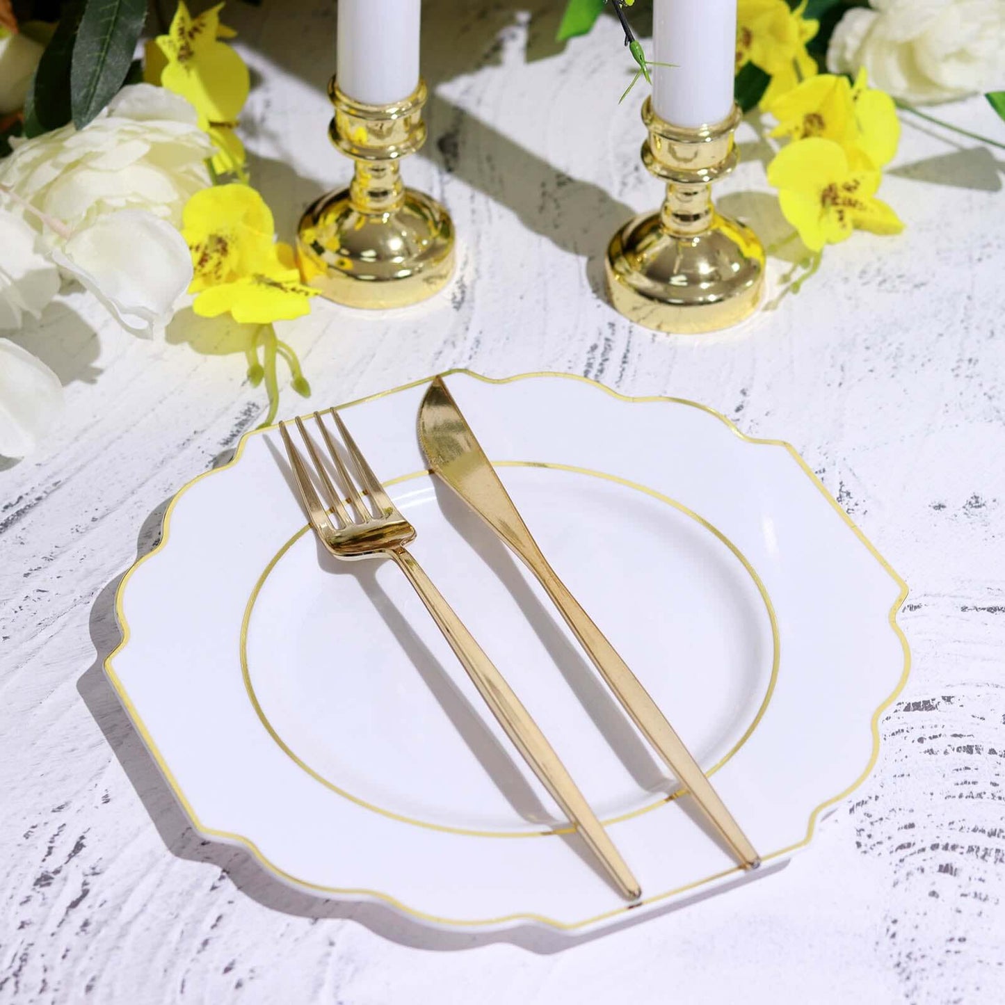 10-Pack Plastic Dessert Appetizer Plates in White Baroque Design with Scalloped Gold Rim - Heavy Duty Disposable Salad Plates for Formal Events & Banquets 8"