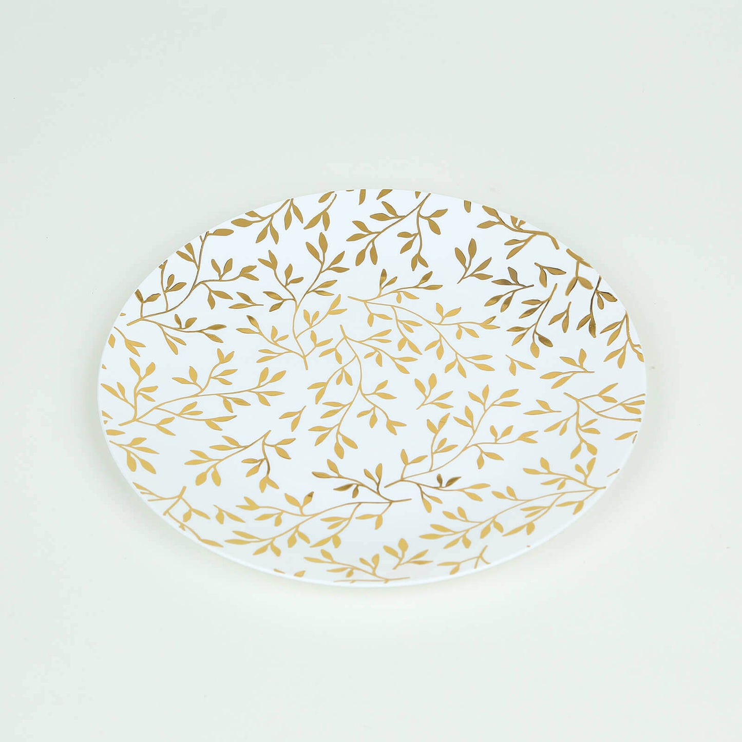 10-Pack Plastic 8" Round Salad Dessert Plates in White with Gold Leaf Design - Heavy Duty Disposable Party Plates for Stylish Events & Memorable Gatherings
