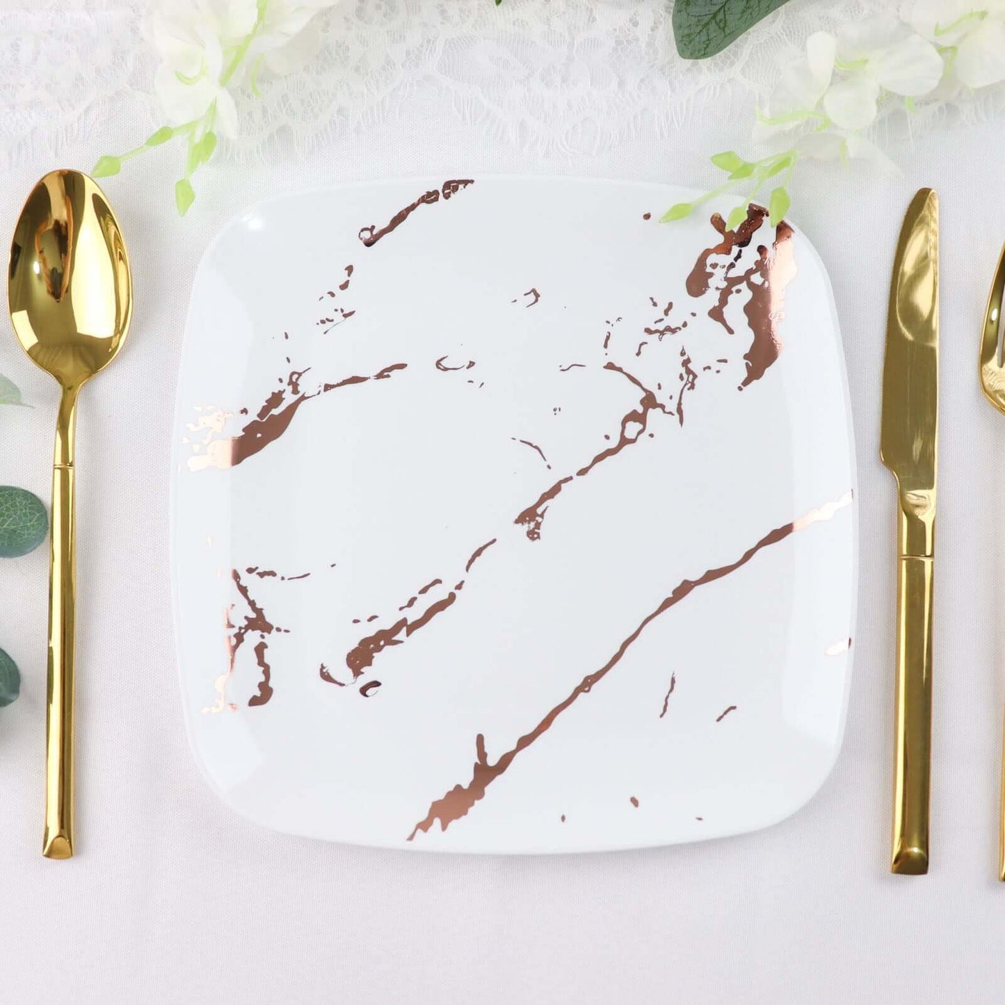 10-Pack Plastic 8" Square Dessert Plates in White with Rose Gold Marble Design - Disposable Appetizer Salad Party Plates