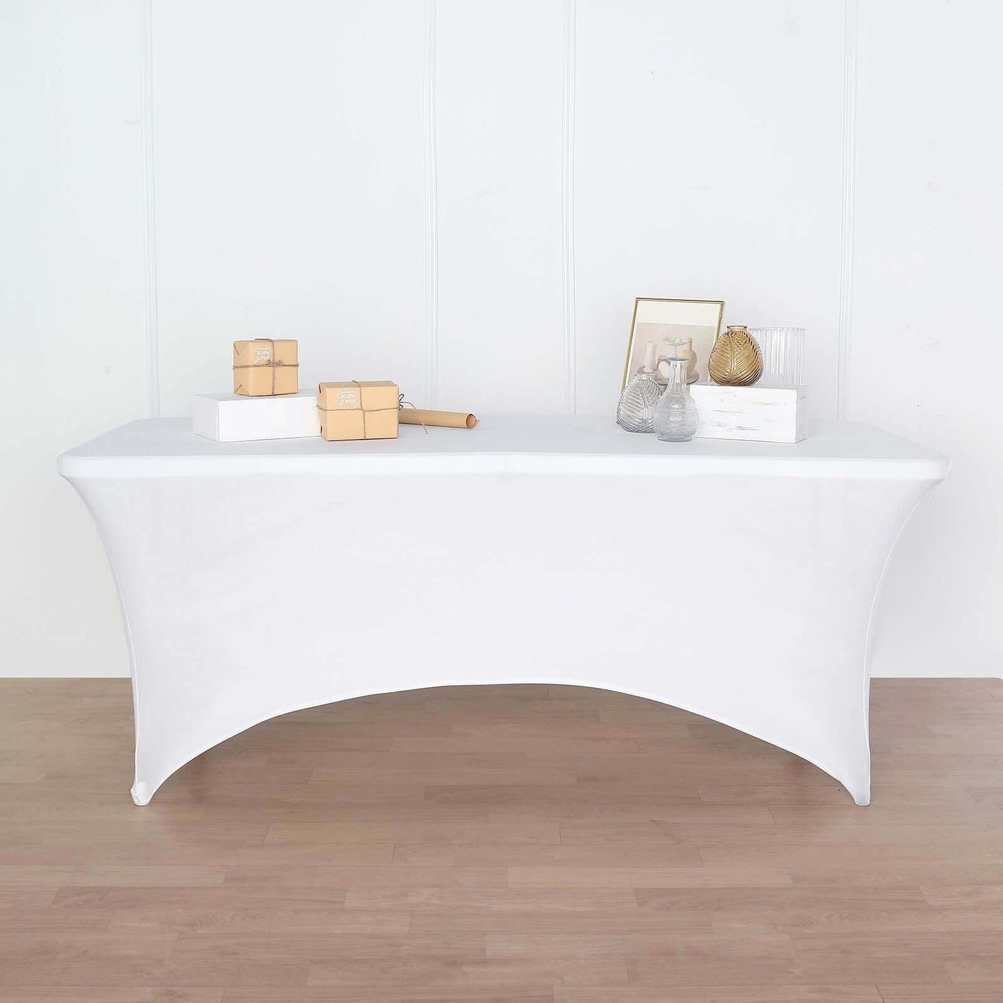 Stretch Spandex 72"x30" Rectangular Table Cover White with Curved Open Back Design Tailored Professional Look for Tradeshows, Events & Exhibitions