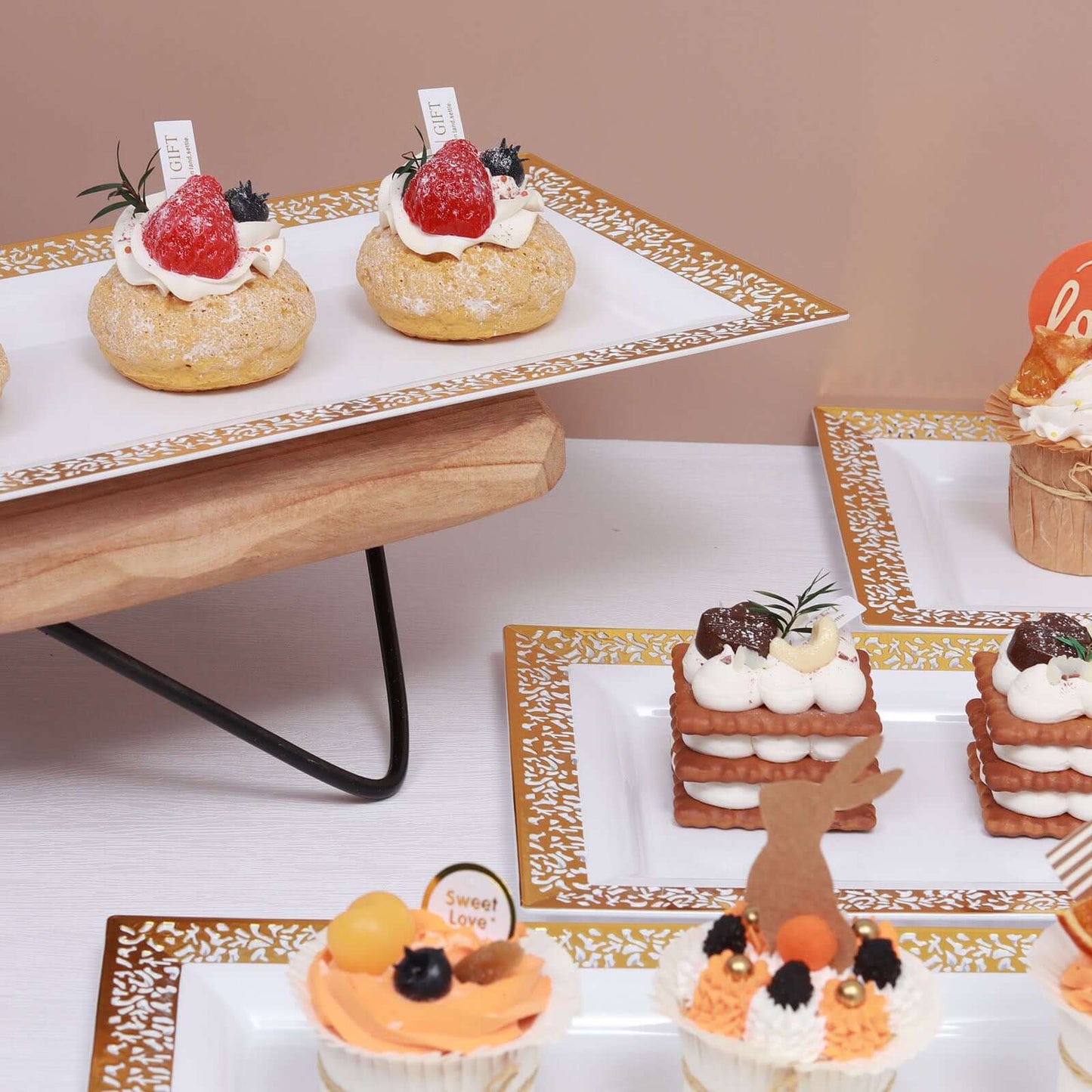 4-Pack Plastic 14" Rectangle Serving Trays White with Gold Lace Rim - Chic Decorative Table Tray Platters for Buffets Banquets Dinner Parties