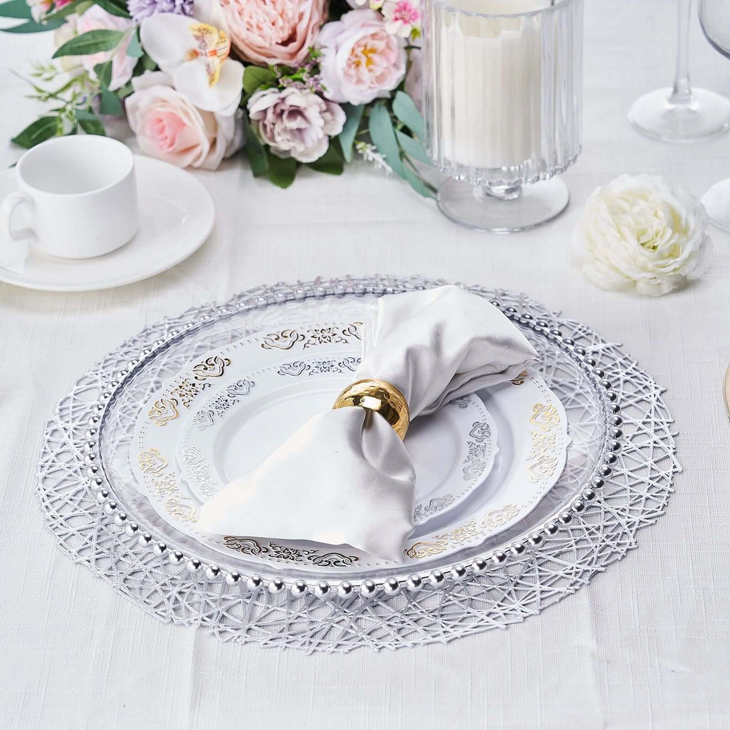 6-Pack Vinyl Placemats Silver Woven Design - Durable Non-Slip Round Table Mats for Dining 15"