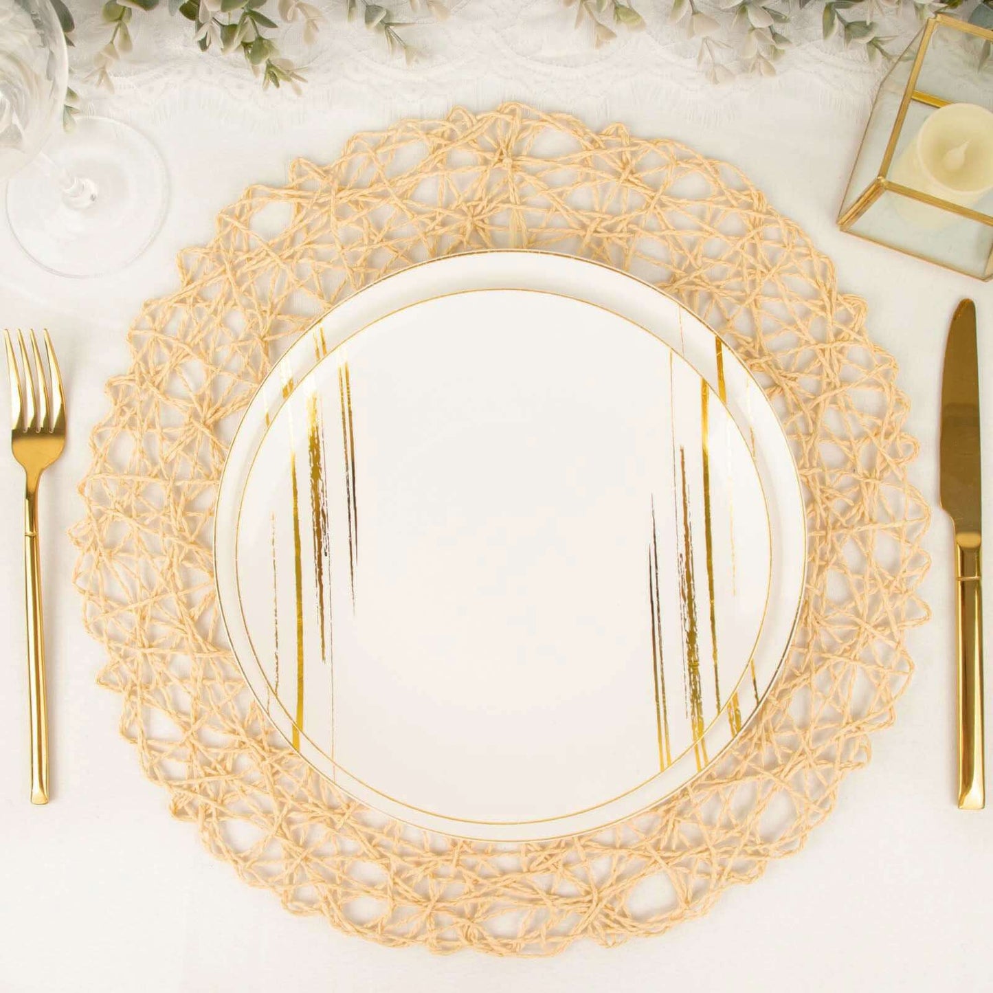 6-Pack Table Placemats Woven Fiber Design Beige Round - Disposable Mats for Dining and Events 15"