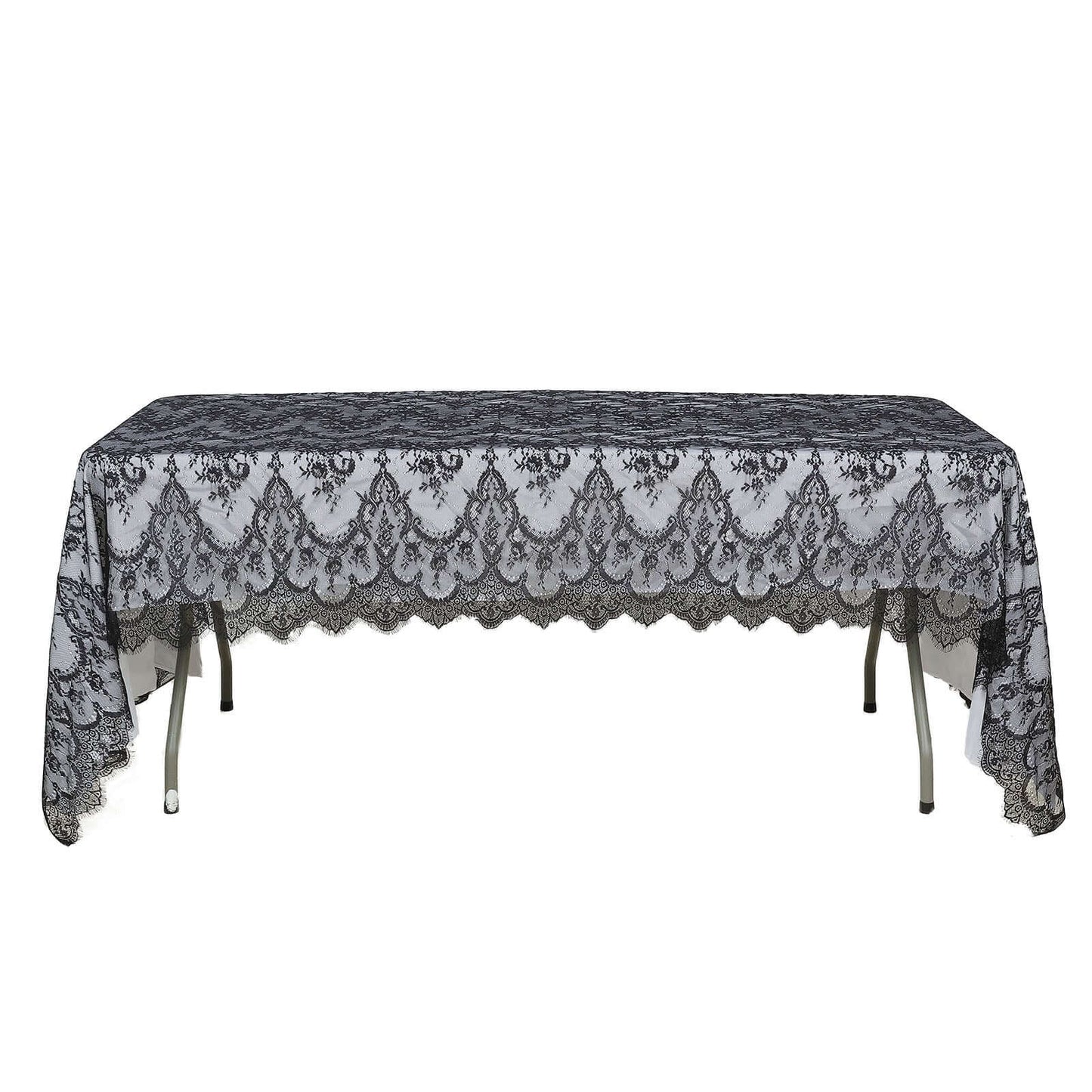 Lace 60"x120" Rectangle Tablecloth Black - Vintage Lace Design with Scalloped Frill Edges