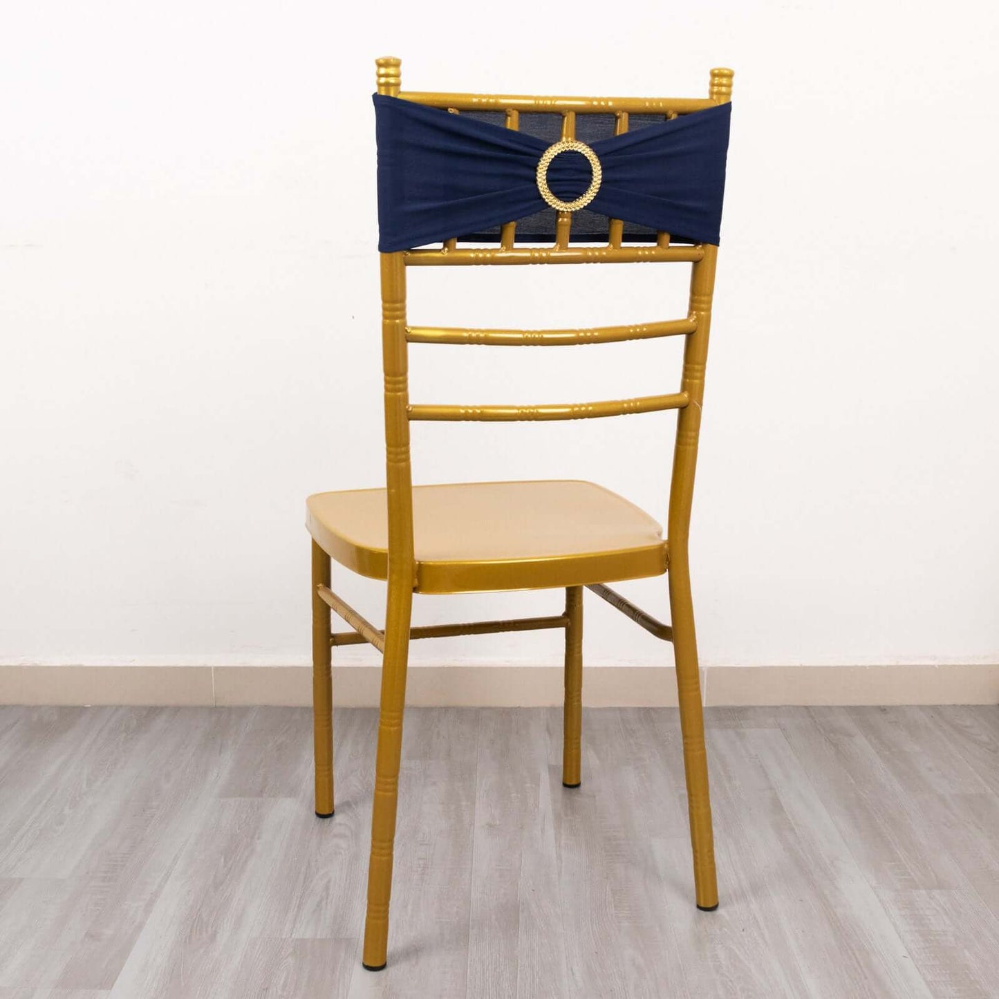 5 Pack Spandex Chair Sashes Navy Blue with Gold Rhinestone Buckles - Reusable Four-Way Stretch Sash Bands 5"x14"
