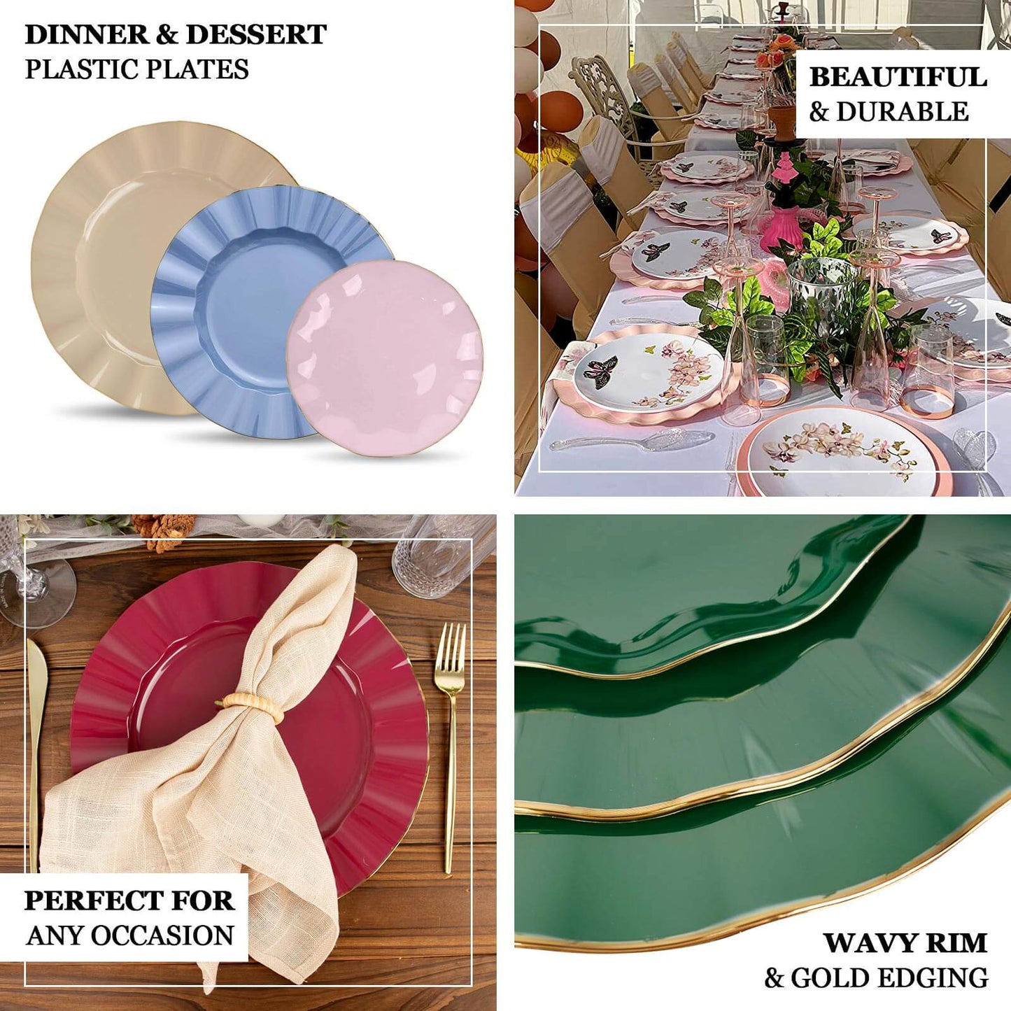 10-Pack Plastic Round 6" Dessert Plates in Sage Green Ruffled Rim with Gold Edging - Sturdy Disposable Salad Appetizer Dinnerware