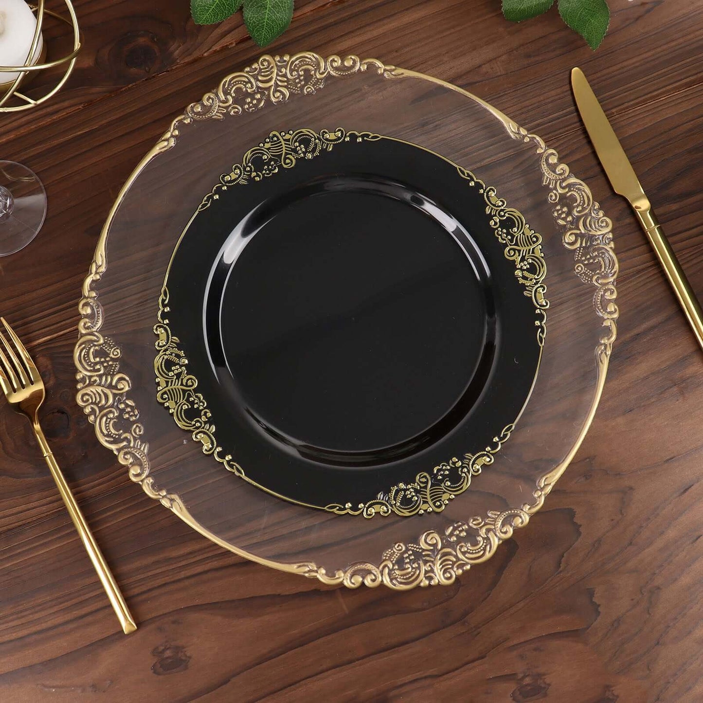 10-Pack Plastic 10" Round Dinner Plates in Black with Gold Leaf Embossed Rim - Disposable Vintage Baroque Style Plates for Luxurious Gatherings & Events