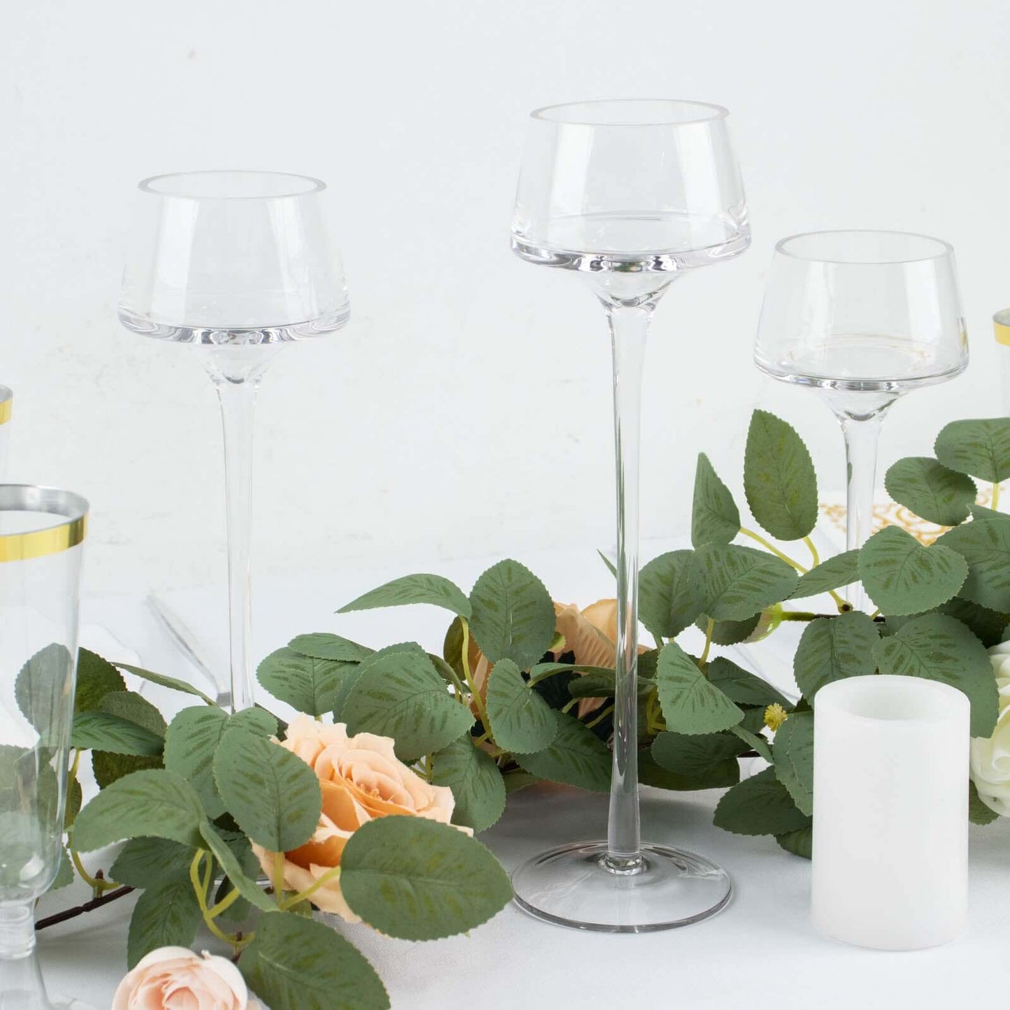 Set of 3 Glass Pedestal Vases Long Stem Clear - Tall Disc Candle Holders for Floral Centerpieces 8", 9", 10"