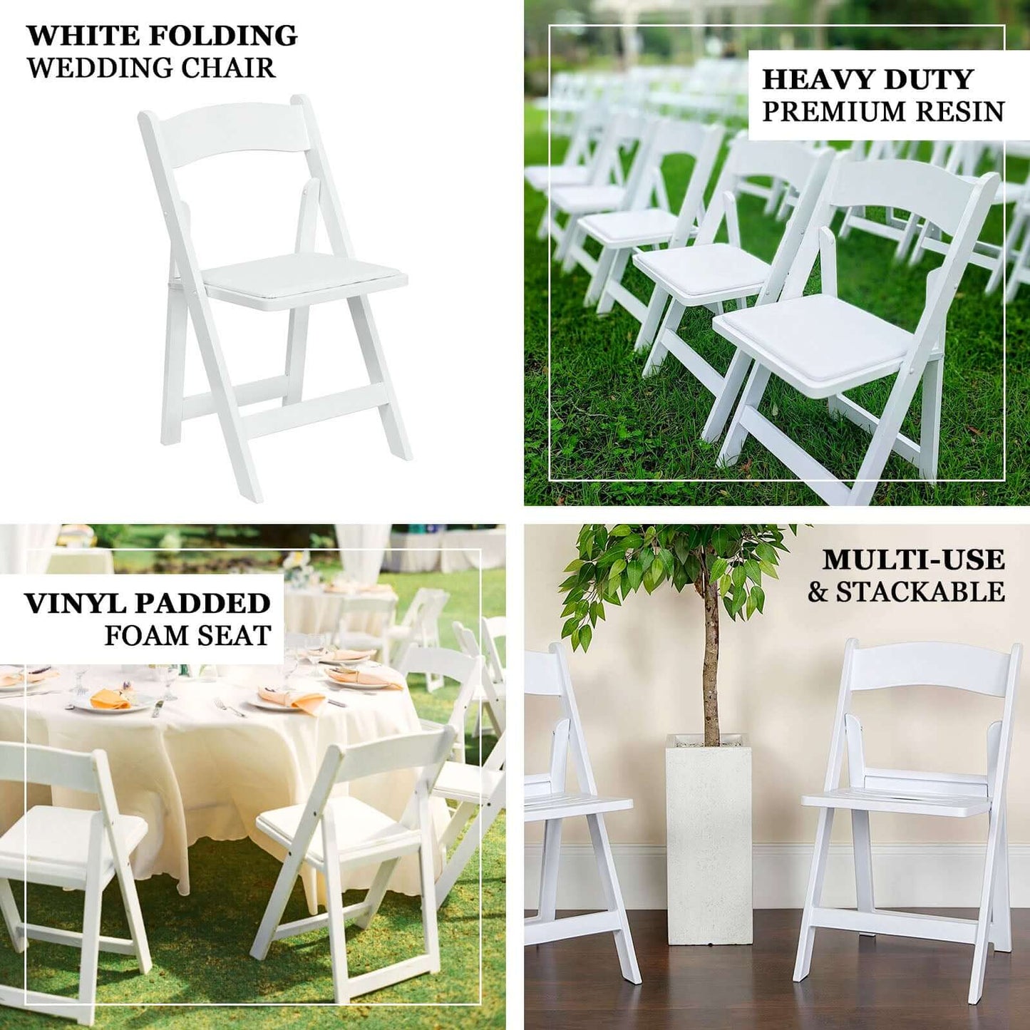 8-Pack Resin Chairs with Vinyl Padded Seat for Folding Use White â€“ Stylish Design for Indoor or Outdoor Weddings & Gatherings