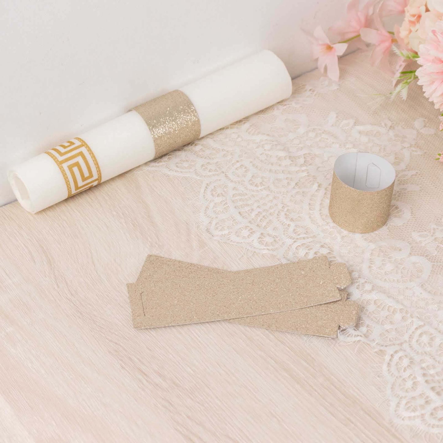 50-Pack Paper Napkin Rings Beige Glitter - Stylish Disposable Napkin Holders 1.5"