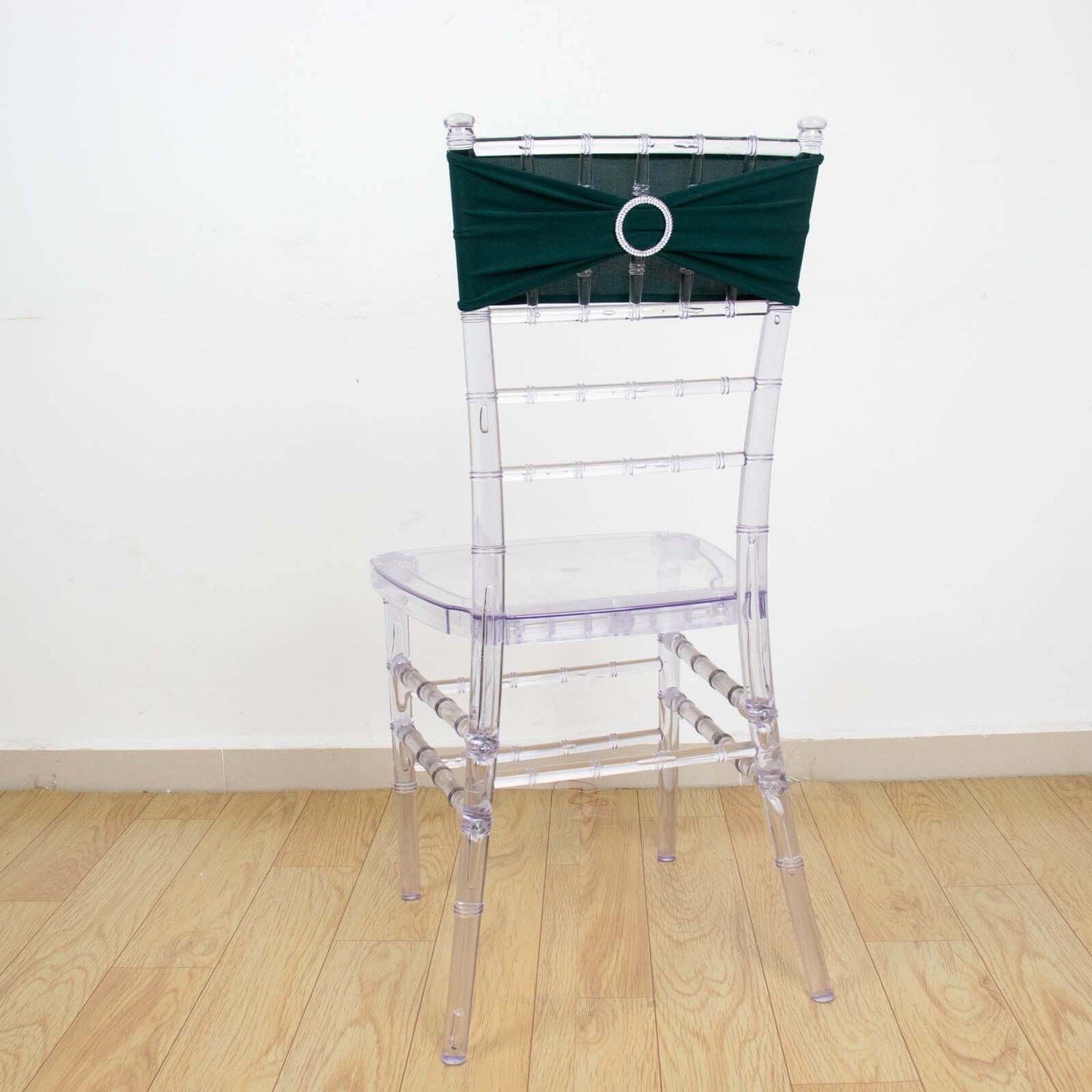 5 Pack Stretch Spandex Chair Sashes Hunter Emerald Green - Reusable Chair Bands with Silver Diamond Ring Slide Buckle 5"x14"