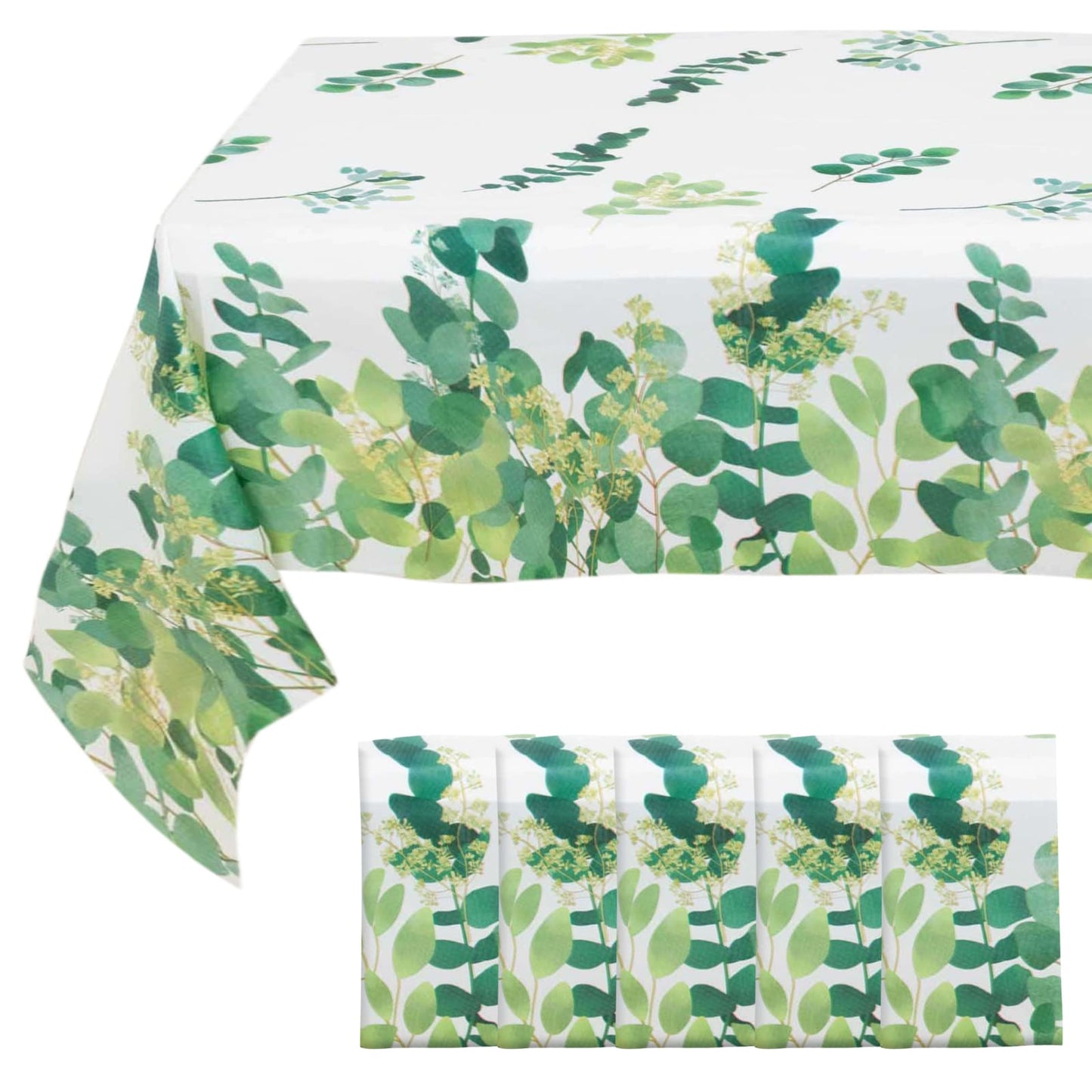 5-Pack Plastic Table Covers White/Green Rectangle with Eucalyptus Leaves Print - Decorative PVC Disposable Tablecloths 54"x108"