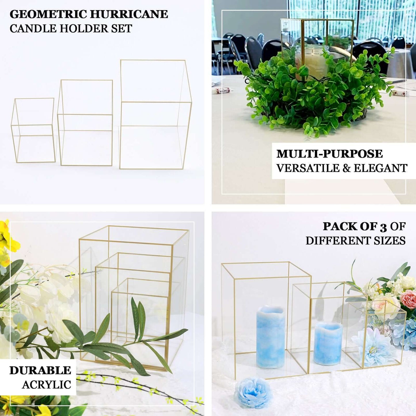 Set of 3 Candle Holders Acrylic Flower Display Boxes with Gold Rims Clear - Decorative Pillar Centerpieces 6", 8", 10"
