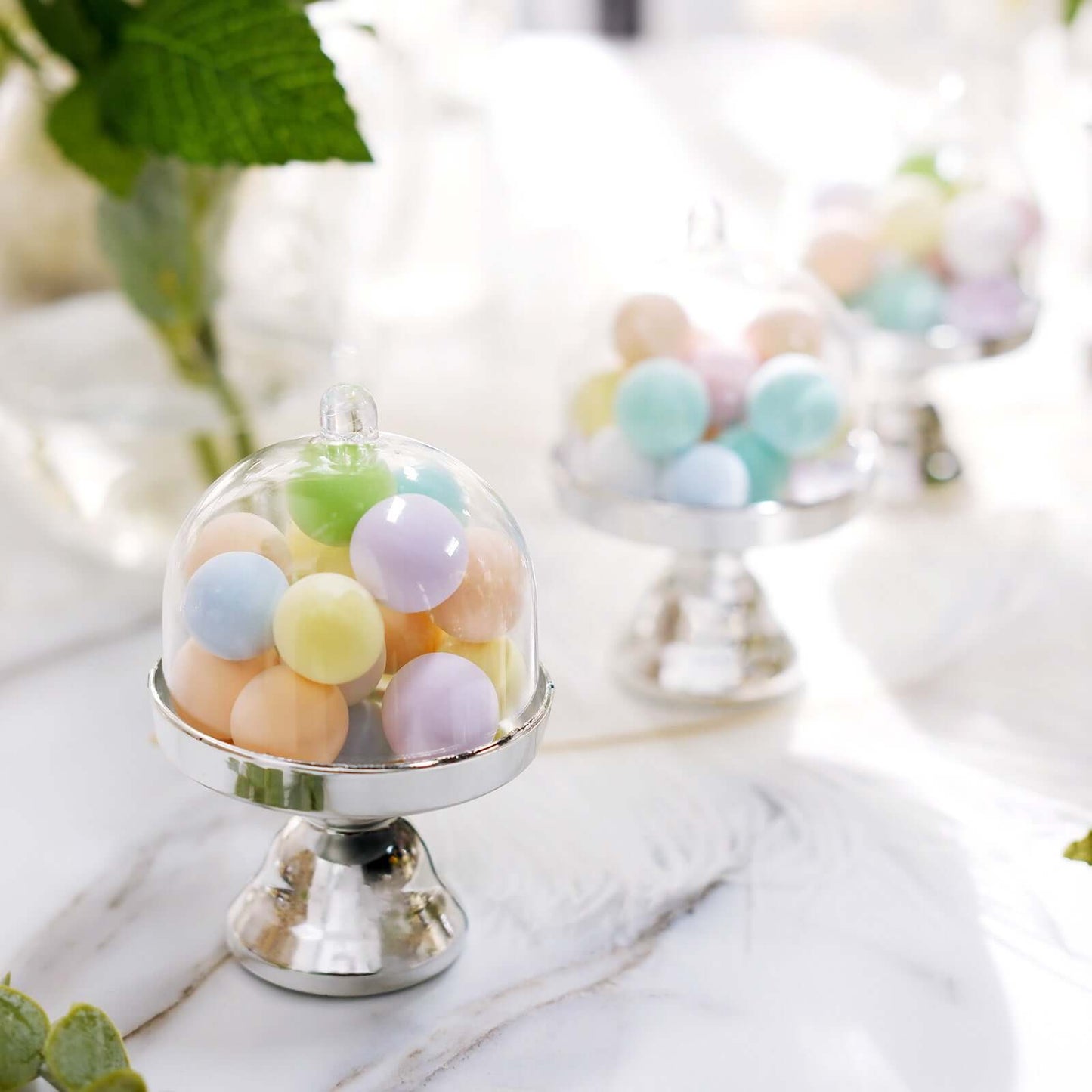 12-Pack Fillable Mini Pedestal Candy Container Clear/Silver - Decorative Candy Treat Favor Boxes with Dome Lid 4"