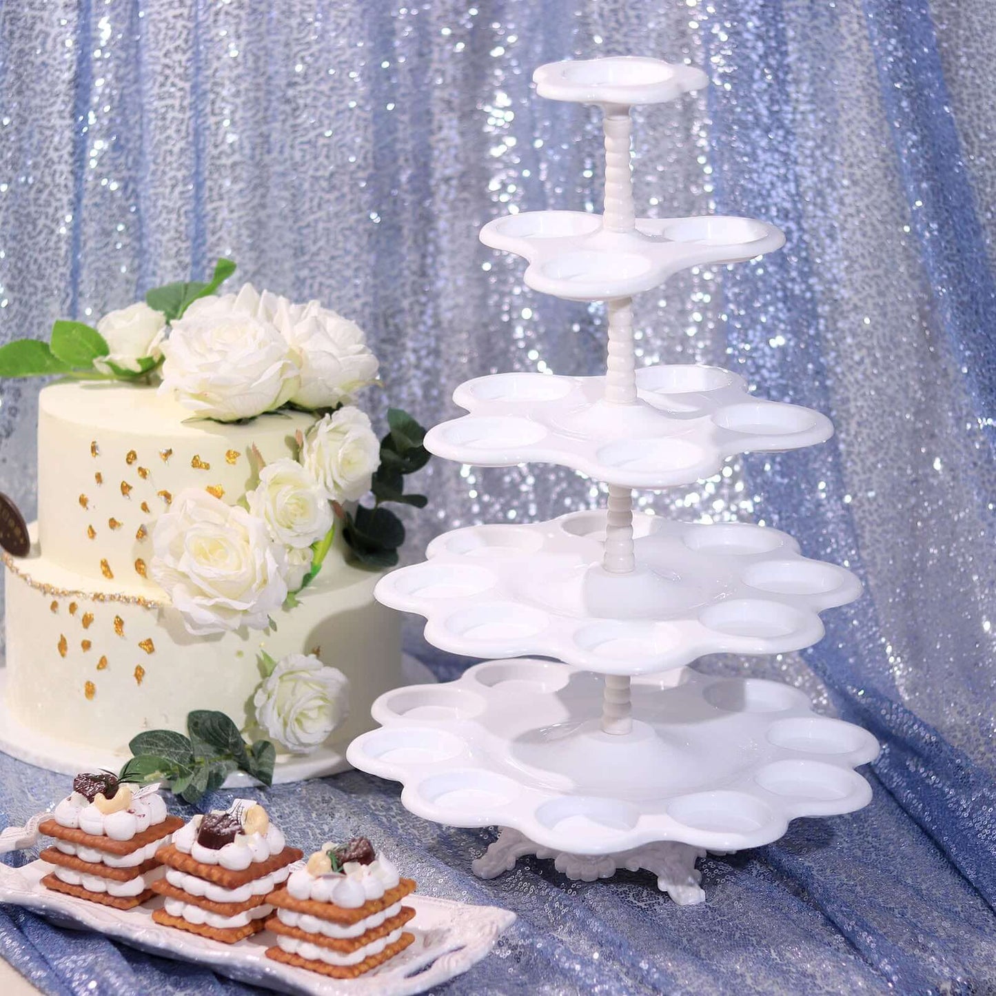 5-Tier Plastic Cupcake Holder Stand White - Dessert Tower with Scalloped Edge Design Versatile Display for Sweet Treats 18"