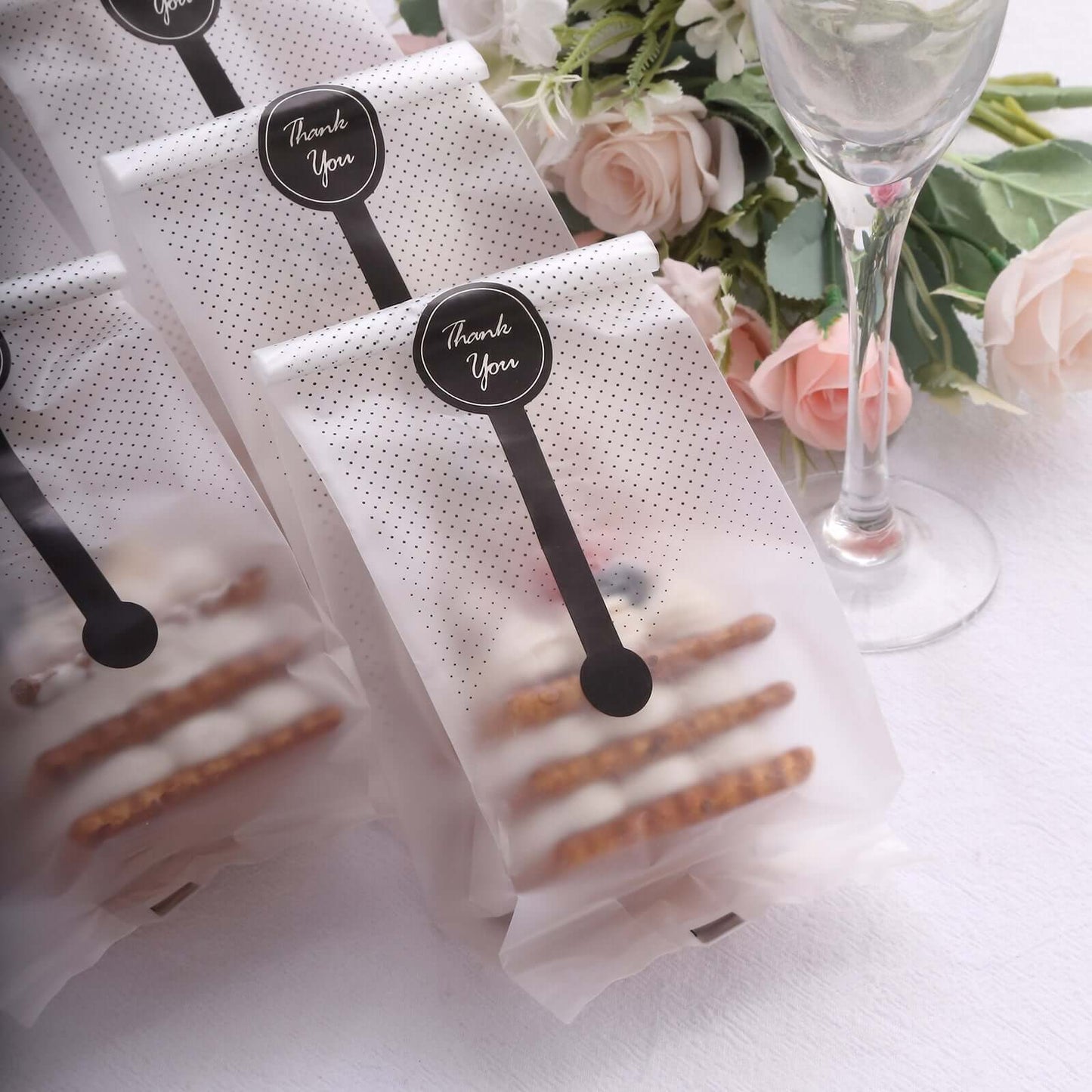 50 Pack Clear Black Dotted Plastic Goodie Gift Bags with "Thank You" Paper Stickers, Rectangular Party Favor Candy Treat Bags - 3"x9"