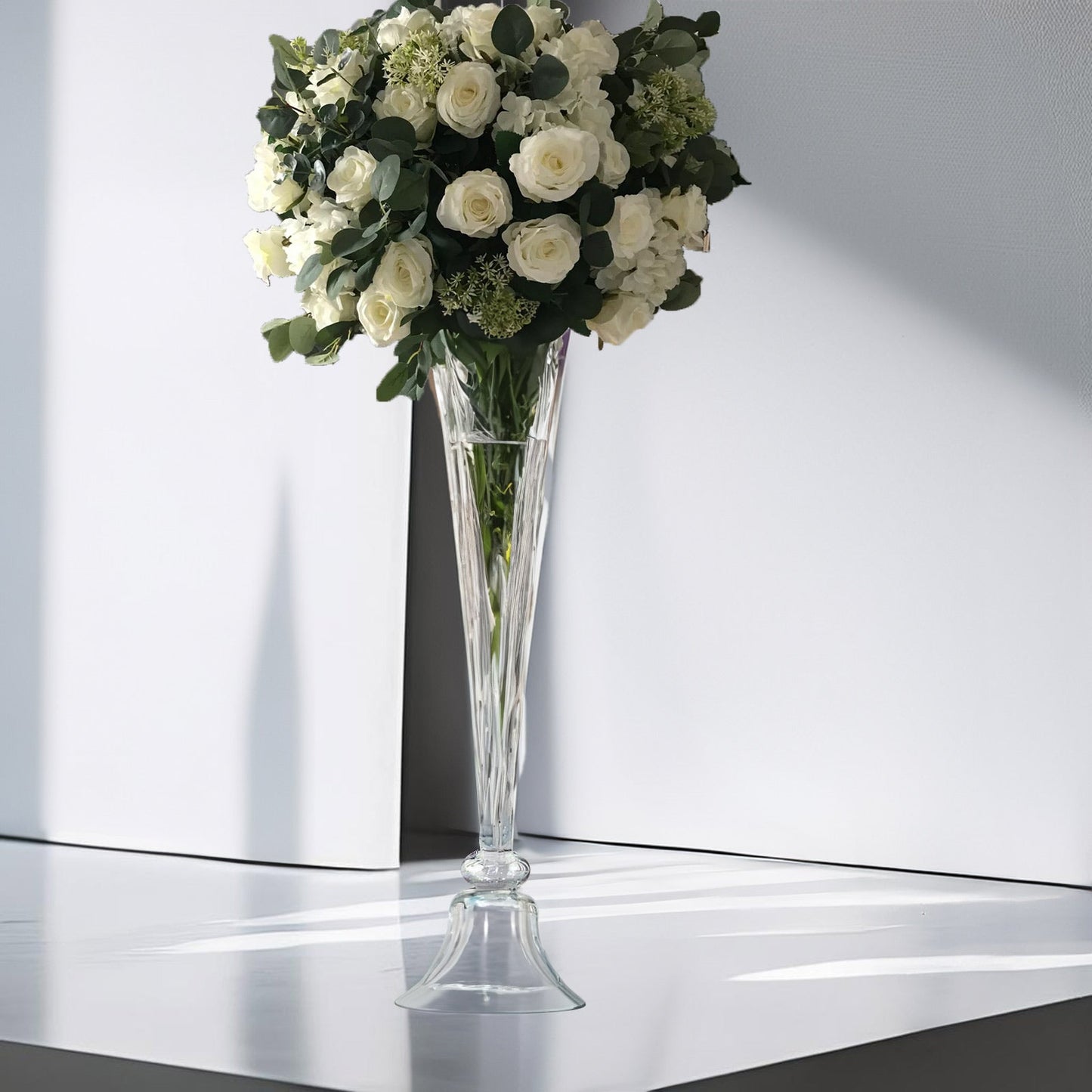 Glass Trumpet Floor Vase Reversible Clarinet Style Clear - Decorative Flower Centerpiece for Events 40"