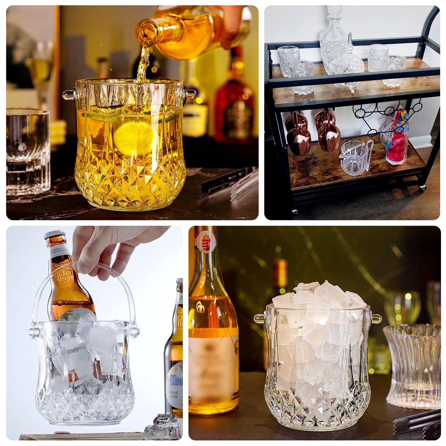 3-Pack Clear Plastic Small Ice Buckets with Handle & Tongs in Crystal-Cut Design 5"x5"