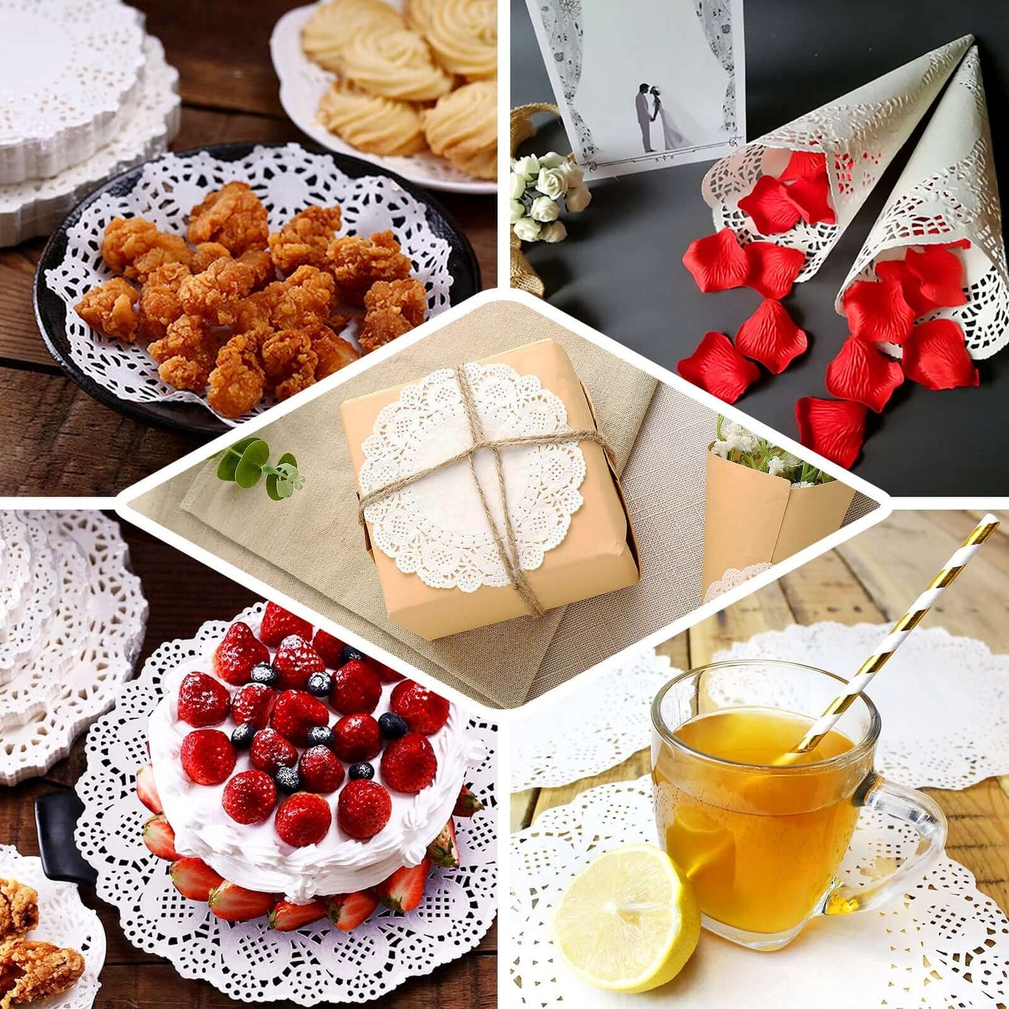 100 Pcs Paper 14" Round Placemats in White - Food Grade Lace Paper Doilies for Dessert Display & Table Decor