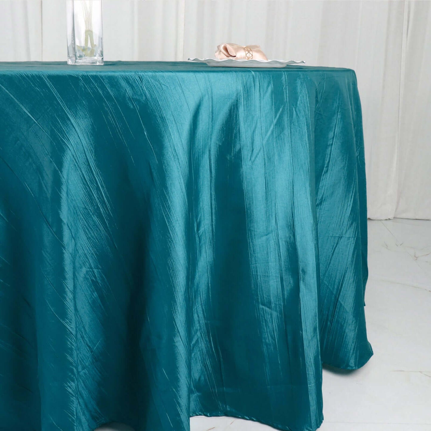 Taffeta 120" Round Tablecloth Teal - Seamless Accordion Crinkle Table Cover